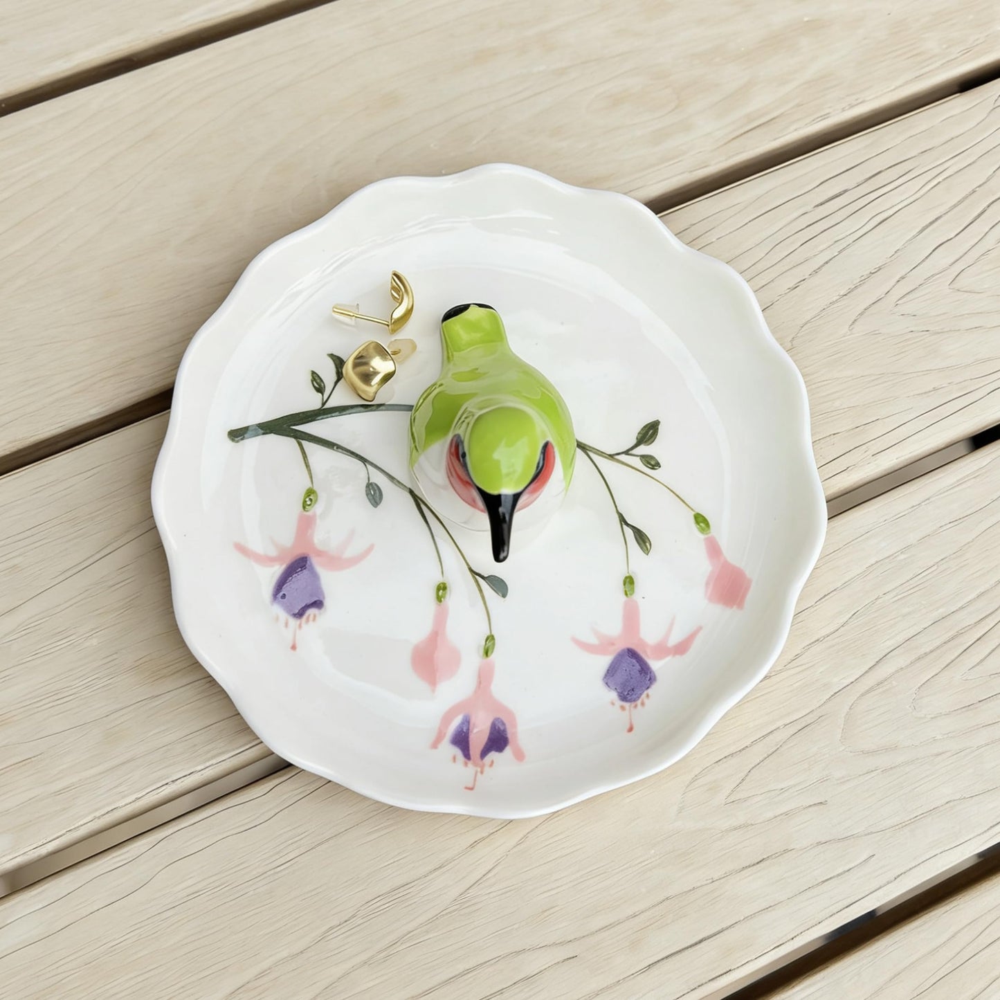 RIHDXCH Hummingbird Ceramic Jewelry Tray– Fuchsia Holiday Trinket Plate for Rings, Earrings & Gifts Handmade Ceramic Jewelry Dish.Valentine's Day Mother's Day Any scenario