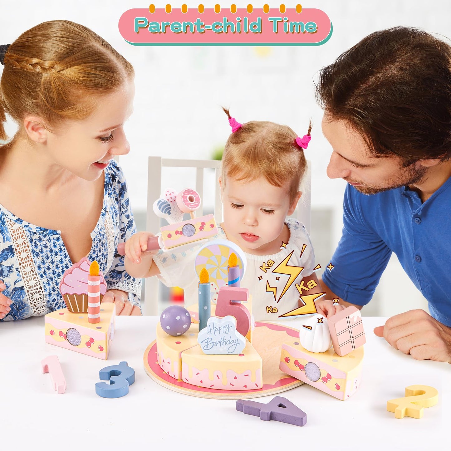 ZRUNBO Birthday Party Cake Toys, Wooden Play Food Set for Kids Toddlers, Play Kitchen Toys for Boys Girls, Educational Toys