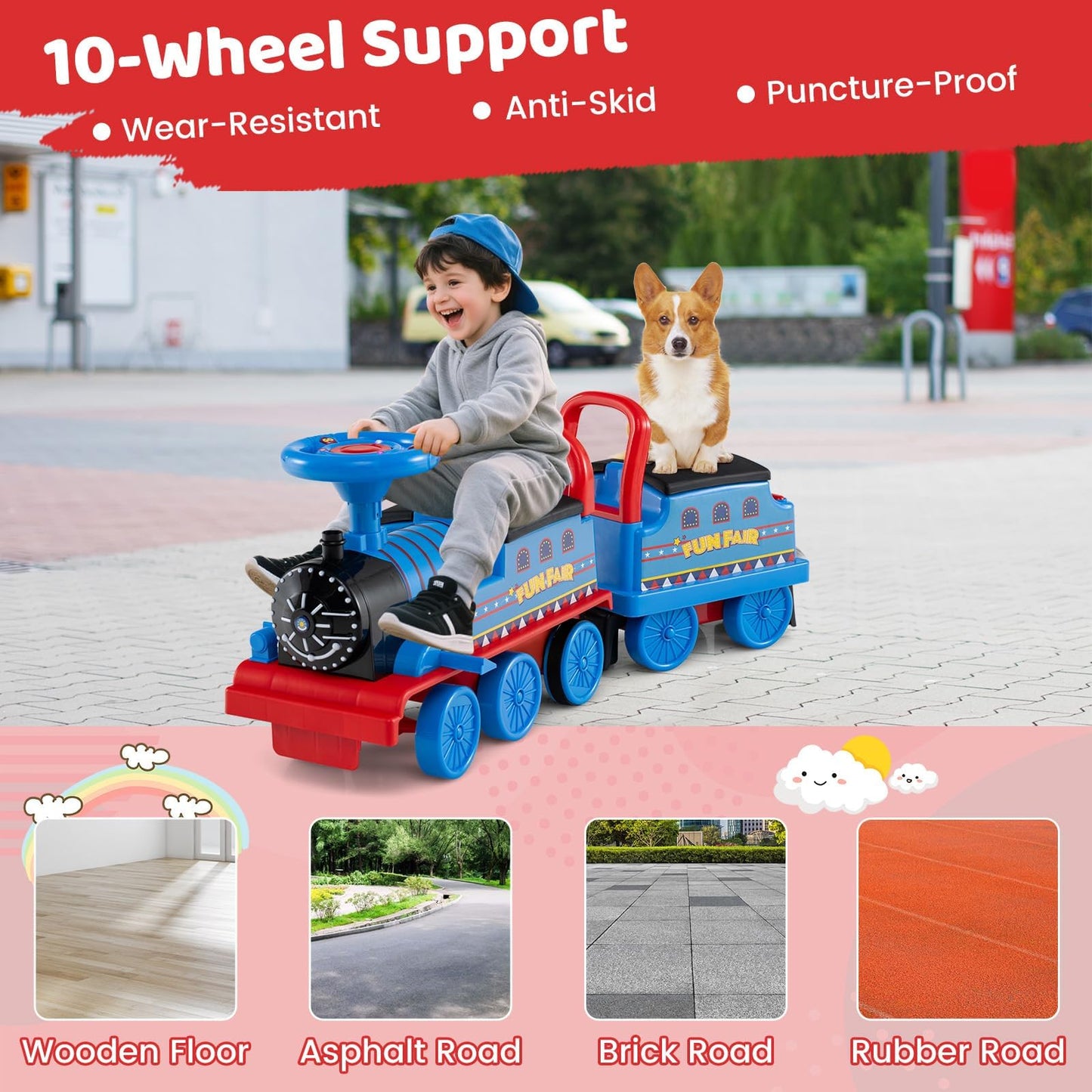 Costzon 2-Seater Ride on Train with Carriage, 6V Ride on Toy w/Under-Seat Storage, Footrests, Train Whistle, Music & Colorful Flashing LED Lights, Electric Car for Kids (2 Seaters, Blue)