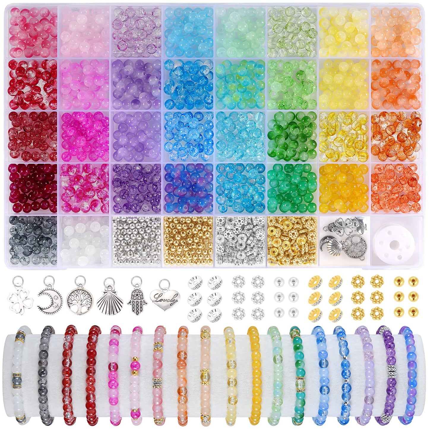 Funtopia Glass Beads for Bracelets 6mm, 1396pcs Bracelet Making Kit 34 Colors Glass Beads for Jewelry Making, Crystal Beads for Bracelets DIY Crafts with Spacer Beads and Charms