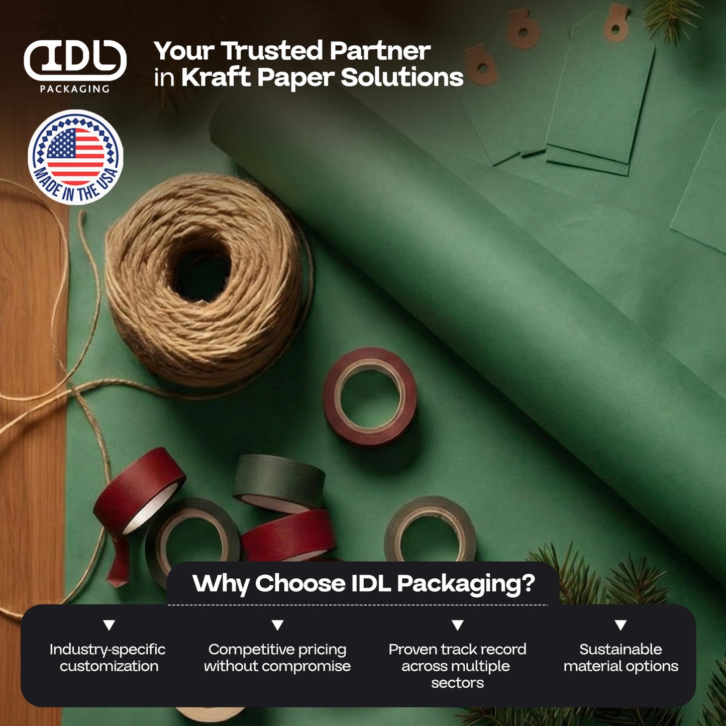 48" x 1200" (100 ft) Green Kraft Paper Roll, Pack of 2 - USA-Made Quality Craft Paper for Gift Wrapping, Kids' Arts & Crafts, School Projects - 100% Recycled, 50 lb Natural Material by IDL Packaging