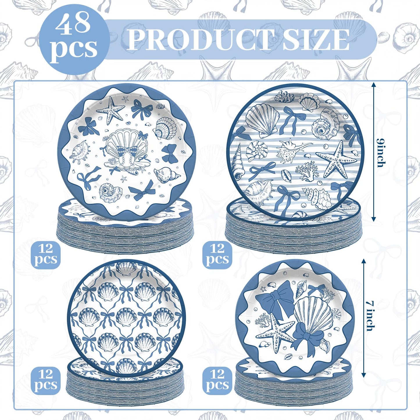 Acellegic 48 Pcs Beach Seashell Paper Plates 9"and 7" Oval Coastal Summer Starfish Disposable Paper Plates Under The Sea Ocean Theme Party Supplies for Summer Beach Birthday Wedding Party Decorations