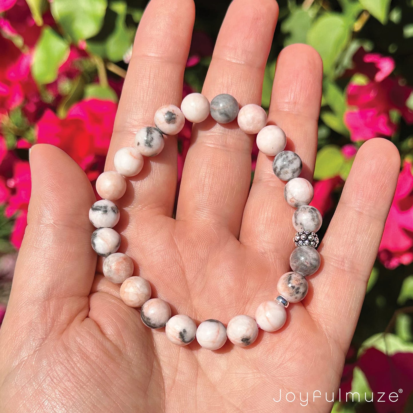 Joyfulmuze Zebra Jasper, Stretch Bracelets Natural Genuine Pink and Black Gemstones, Handmade Gift for Women and Men (Ocean-Pink-Black-Agate)