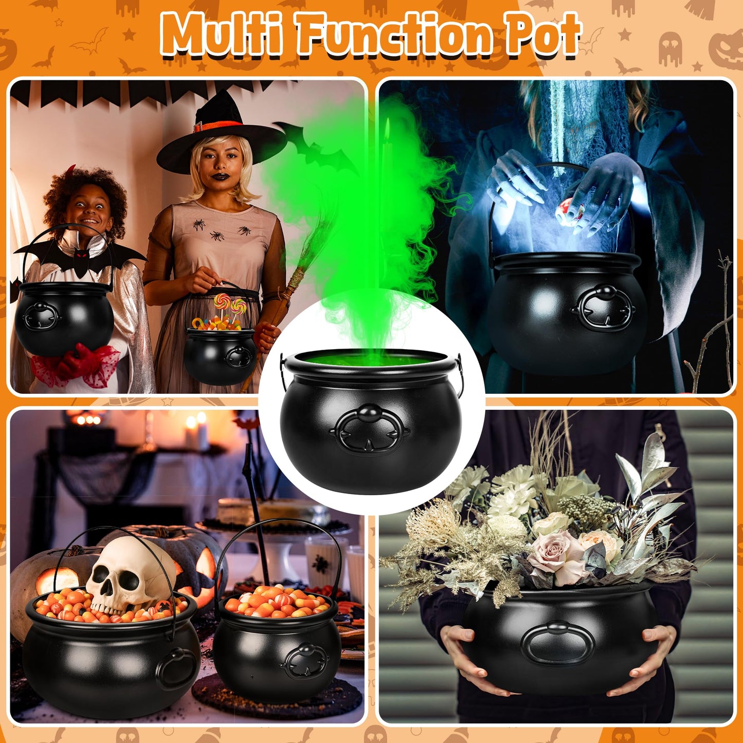3PCS Cauldron Halloween Decor, 12.6" and 7.68" Halloween Bucket Witch Cauldron, Plastic Black Candy Holder Pot Spooky Punch Bowl for Halloween Decorations Trick or Treat St Patrick's Day Party Favors