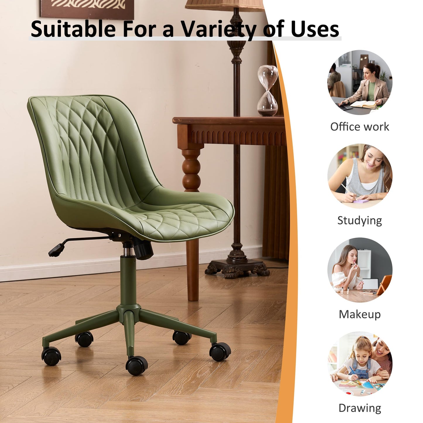YOUNIKE Home Office Desk Chair with Wheels Armless Vanity Chair with Back Comfy Modern Leather Upholstered Rolling Task Chair Swivel Small Cute No Arms Wide Adjustable Ergonomic All Green