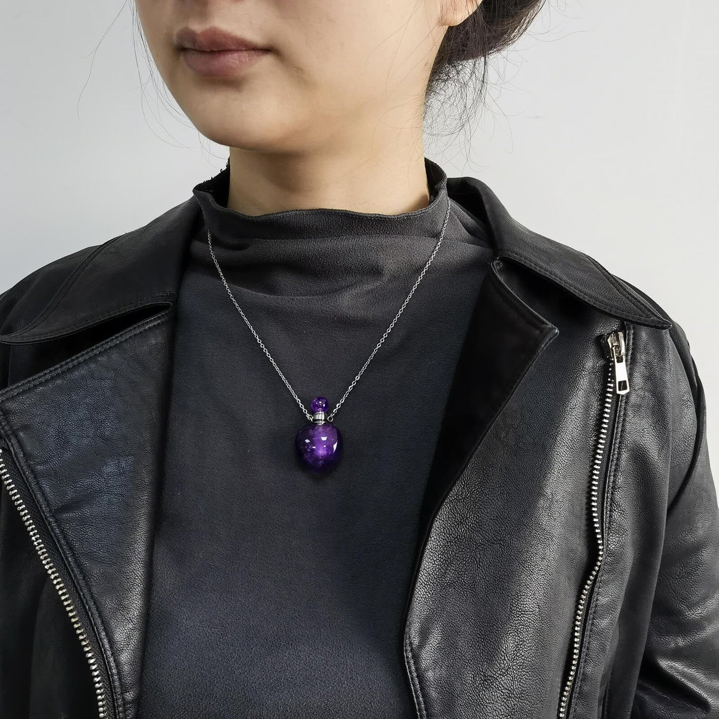 Ladywowu Amethyst Necklace, Make a Wish Perfume Bottle Necklace, Crystal Heart for February Birthstone Jewelry, Small Vial for Liquid, Essential oil
