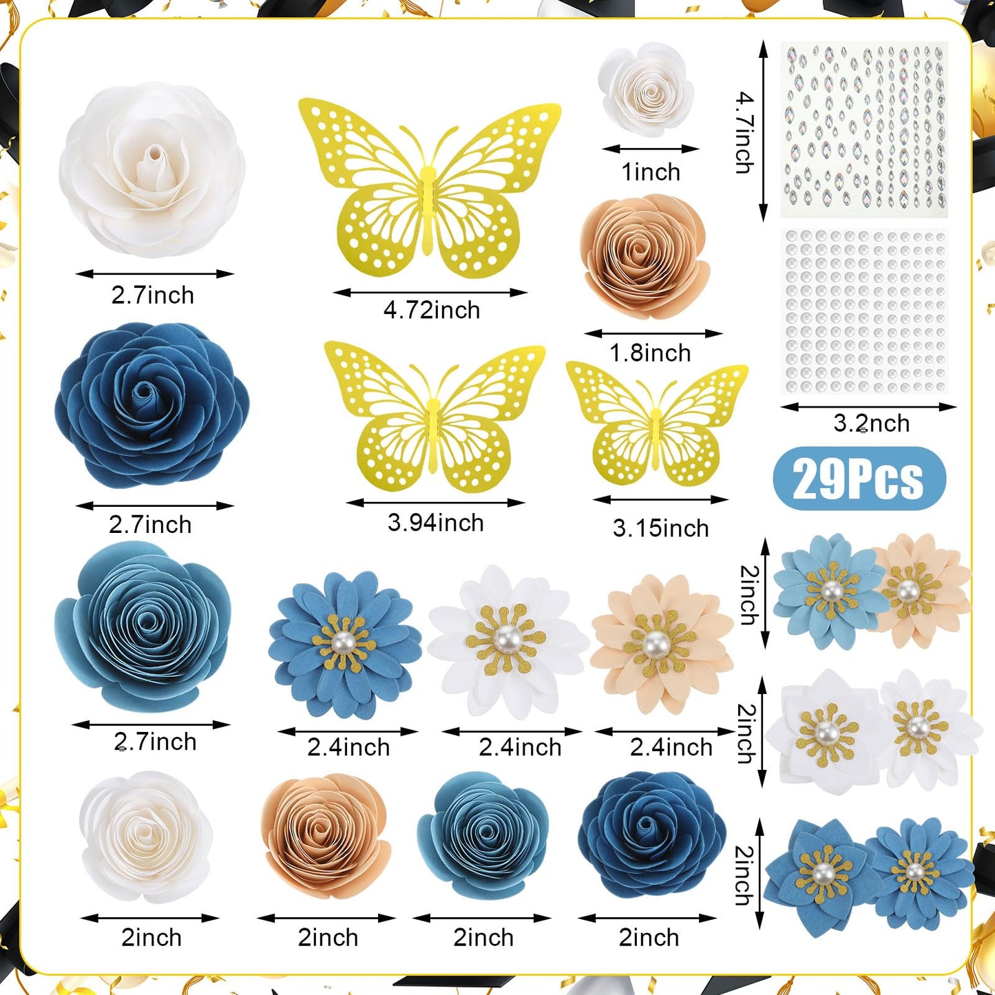 Thiccywoov 43 Pcs Graduation Cap Decorations Kit Includes Artificial Flowers Faux Flower Heads 3D Butterfly Stickers Pearl Rhinestones Glitter Stickers for Grad Cap Topper DIY Graduation Gift(Blue)