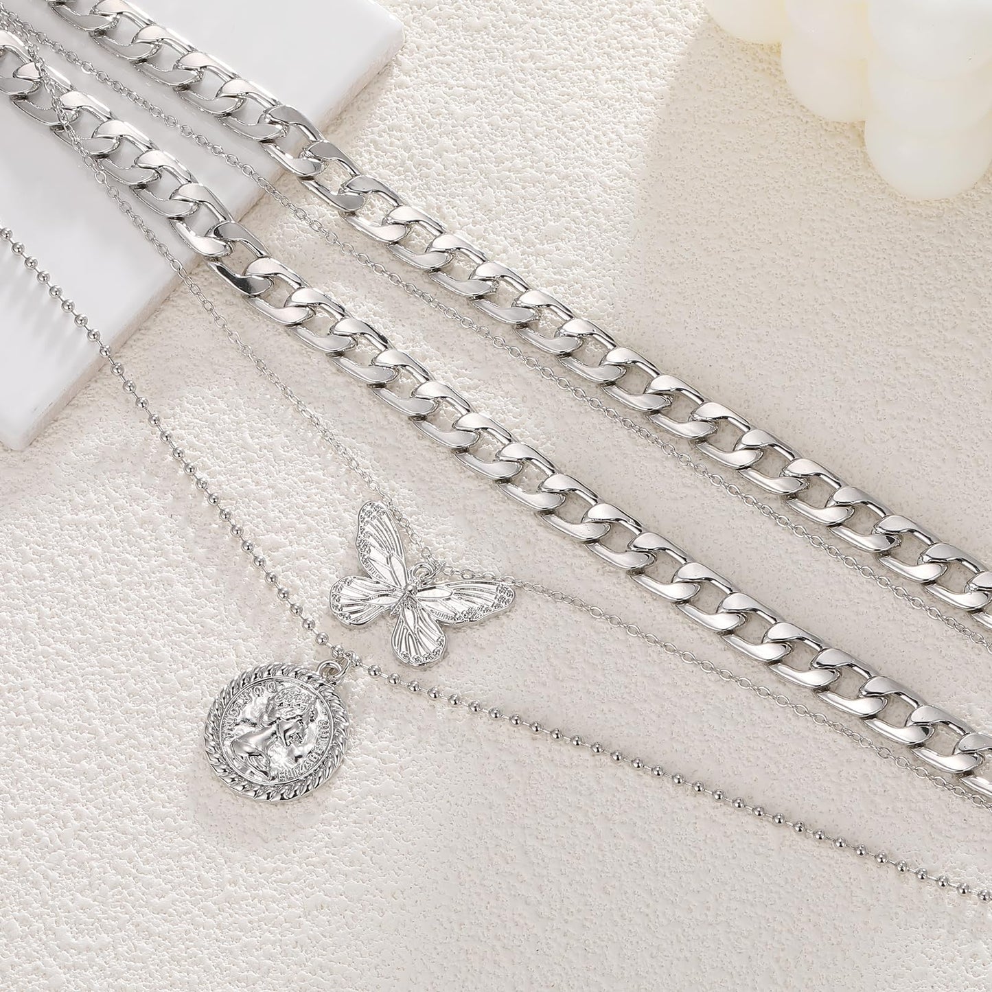 MJartoria Gold Layered Necklaces for Women Trendy Retro Coin Pendant Necklace Dainty Chunky Chain Choker Necklaces for Jewelry Birthday Gifts (Silver, A-X-Butterfly-5 in 1 Layered)