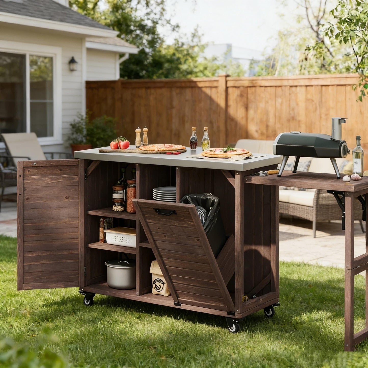 Trygoal 78.2" Outdoor Kitchen Island with Foldable Grill Table & Stainless Steel Top, Rolling Kitchen Cart with Trash Can Storage, Multifunctional Outdoor Grill Table for Lawn & Garden, Dark Brown