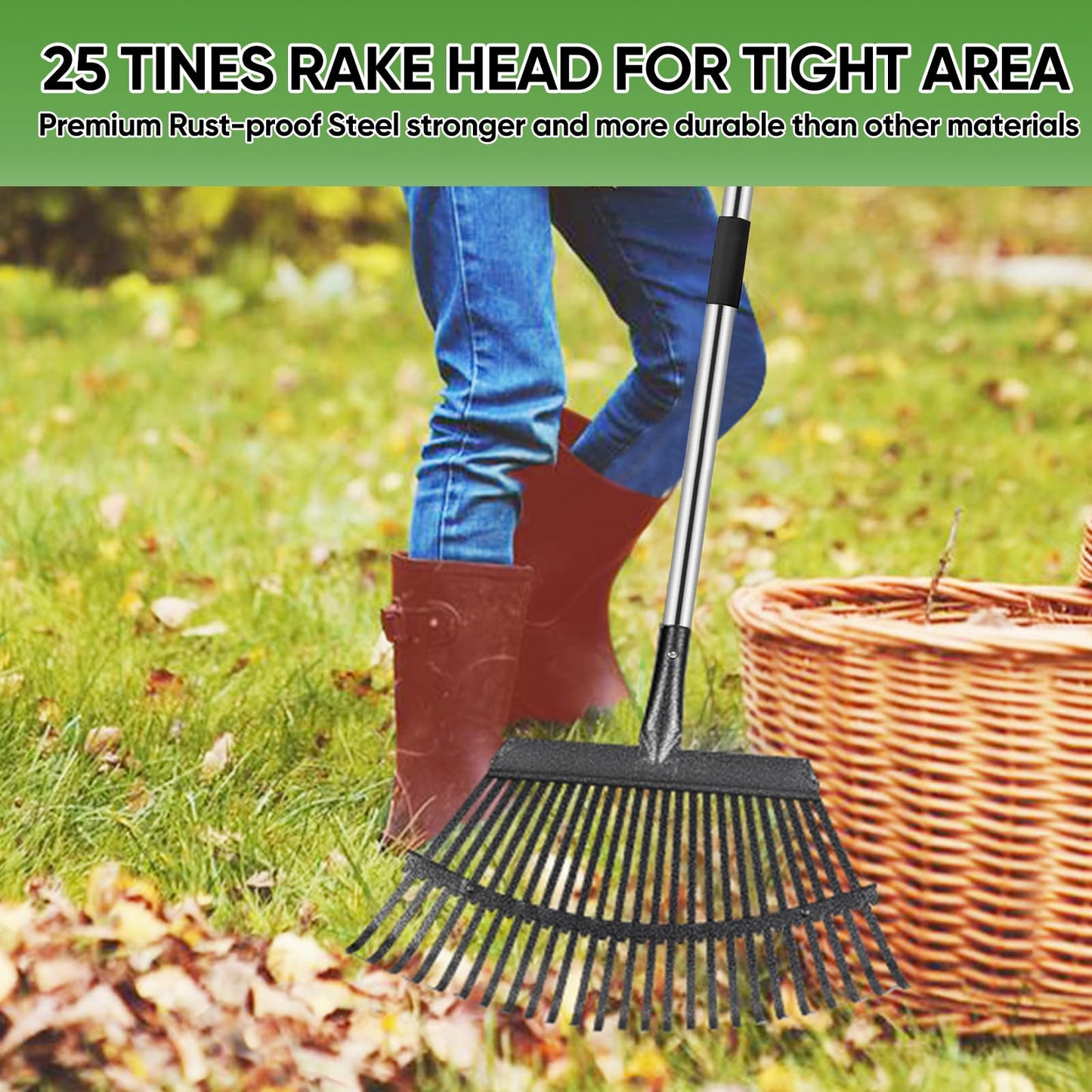 Coopvivi Rake Heavy Duty 6FT Long Garden Rake , 18.5 Inch Wide Leaf Rake for Lawns, 25 Metal Tines, Adjustable Stainless Steel Handle, Rakes for Leaves, Yards, Grass, Garbage, Weeds, Debris (Black)