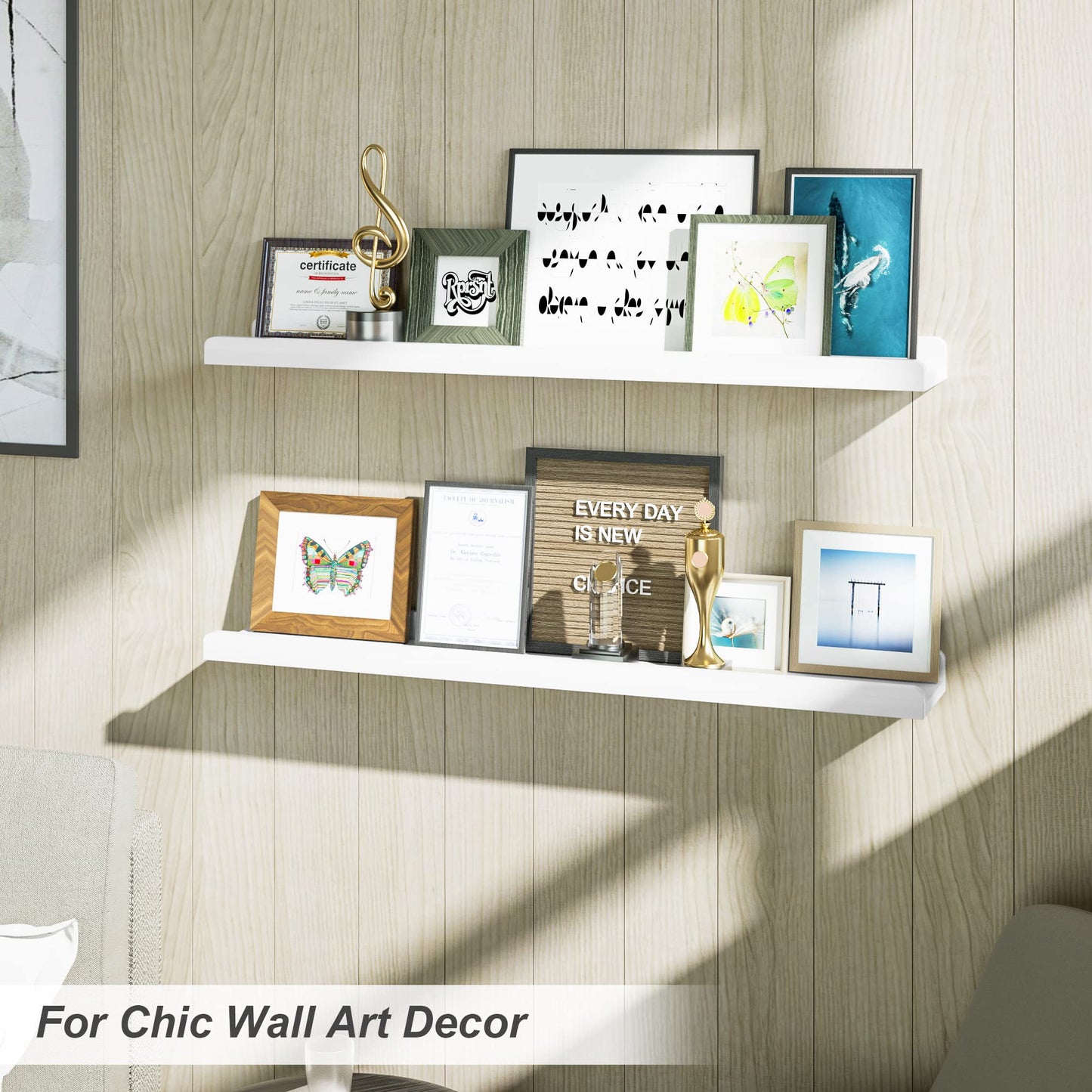 Love-KANKEI 36 Inch Long Floating Shelves Wall Mounted Set of 2, Large Wood Wall Shelves for Storage, Rustic Hanging Shelves for Display,Bedroom Living Room Bathroom Kitchen Office White