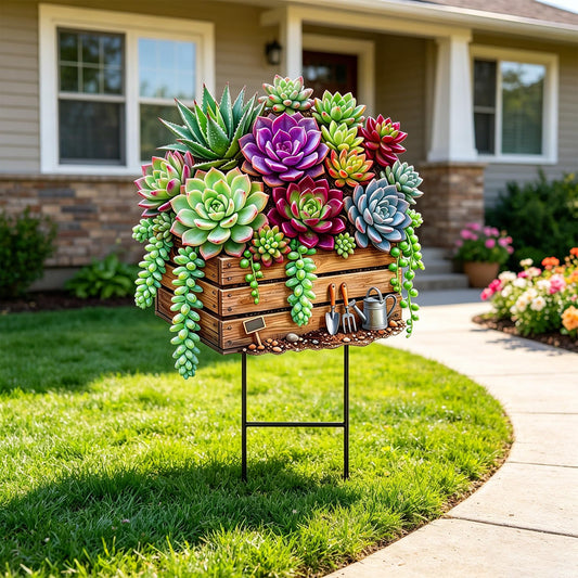 Tooyuart Spring Outdoor Yard Decor, 20" Flat Metal Succulent Crate Garden Stake, Weatherproof Rustproof Yard Sign with H-Shaped Base, Durable Gardening Gift