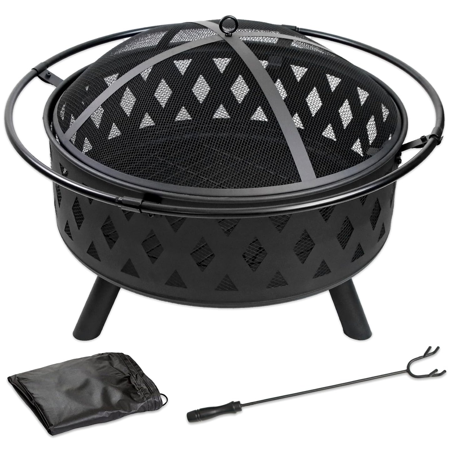 Quilushey 32 Inch Fire Pit Outdoor Burning Stove, 2 in 1 Metal Round Fireplace for Outside Bonfire Party, BBQ, Camping, Backyard, Patio, Garden w/Fire Poker, Spark Screen, Grate, Cover (Rhombic)