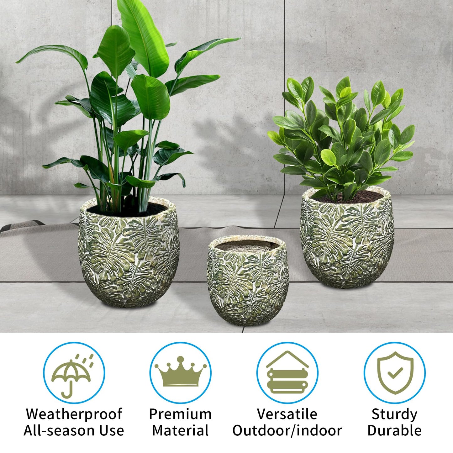 ShangDemonMaster Craft flowerpots 18"+13"+9" Dia Round Concrete Planter Set of 3 Large Outdoor/Indoor Planter Pots Containers with Drainage Holes and Rubber Plug for Home Garden (Green, Large)