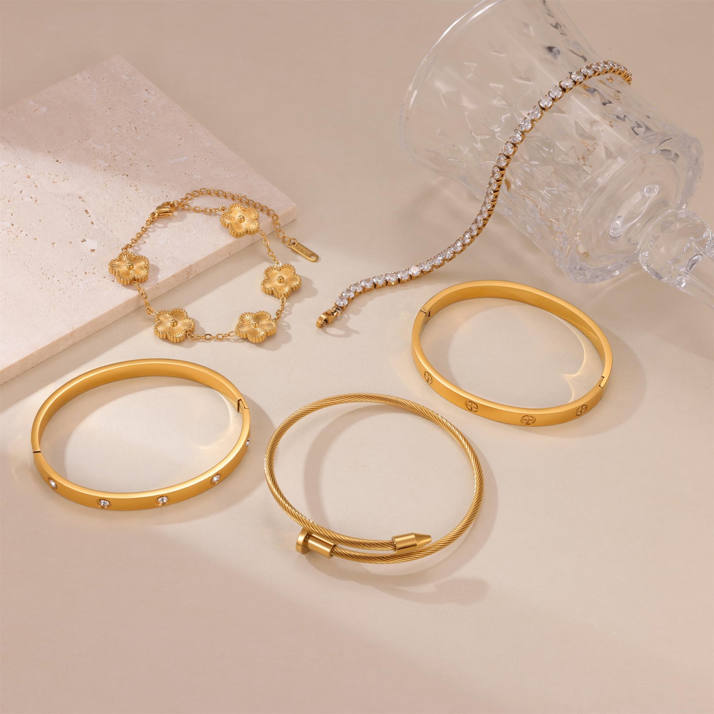 RIVOWMKI 18K Gold Plated Bracelet Set for Women, Sparkling CZ Bangle Adjustable Tennis Bracelet, Stackable Clover Jewelry, Non Tarnish Non Fade Long Lasting Shine for Client Meeting Afternoon Tea