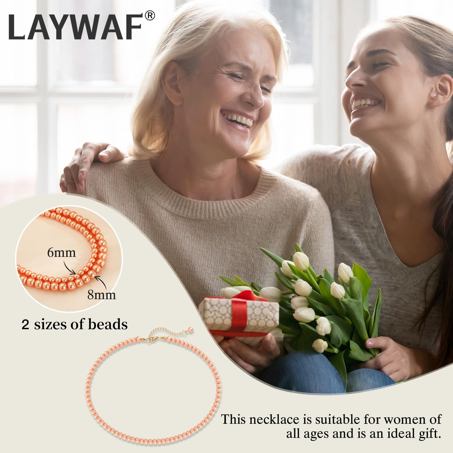 LAYWAF Imitation Pearl Necklace for Women, Fake Pearl Choker Necklace, 6MM Beaded Orange Necklace, Faux Pearl Costume Jewelry, Mom Necklace Wedding Jewelry for Bride Bridal
