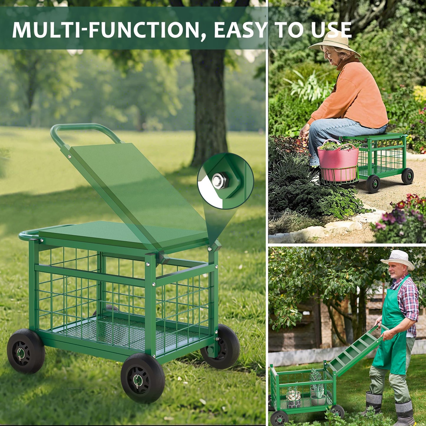 FLINTER Rolling Garden Work Seat with Wheels, Upgraded Heavy Duty Gardenning Cart with Seat - Garden Rolling Stools with Wheels for Seniors, Lawn, Patio & Backyard Gardening, Green