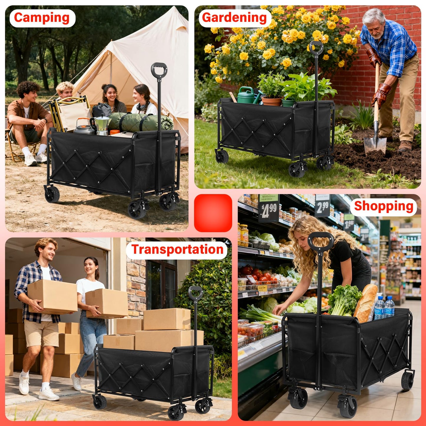 Collapsible Wagons Carts Foldable, 500LBS Heavy Duty Wagon Cart Foldable with Brakes & All-Terrain Wheels– 34'' Extra Long Folding Wagon Portable Lightweight for Camping, Beach，Sports, Shopping