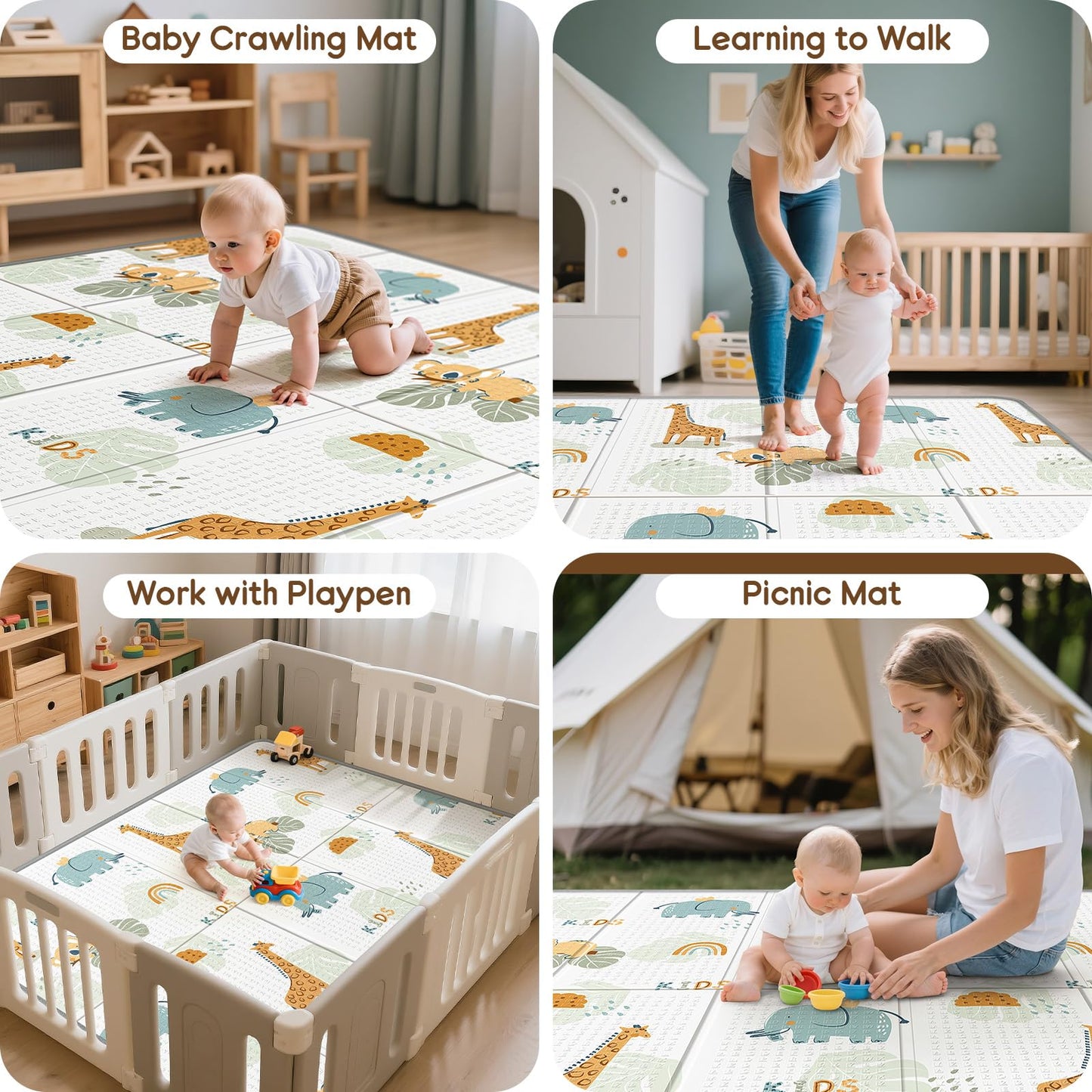 Foldable Baby Play Mat for Floor, PIGLOG 79x71 Extra Large Crawiling Play Mat for Babies, Waterproof & Portable Tummy Time and Non-Toxic Soft Foam Playmat for Infants, Toddlers, Giraffe