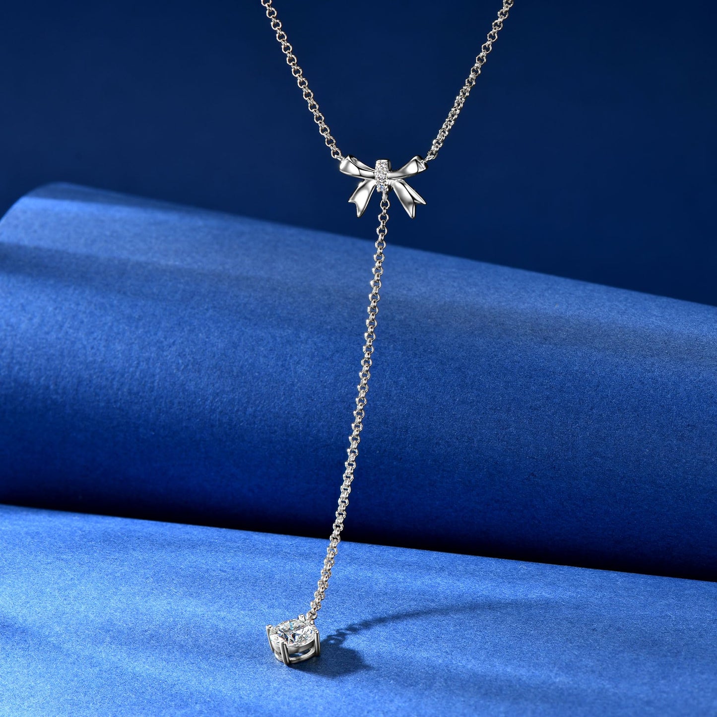 AINUOSHI Moissanite Bow Lariat Necklace for Women 925 Sterling Silver Y-Shaped Linear Drop Chain Necklaces Dainty Long V-Neck Layered Necklaces Anniversary Birthday Gifts for Wife Her