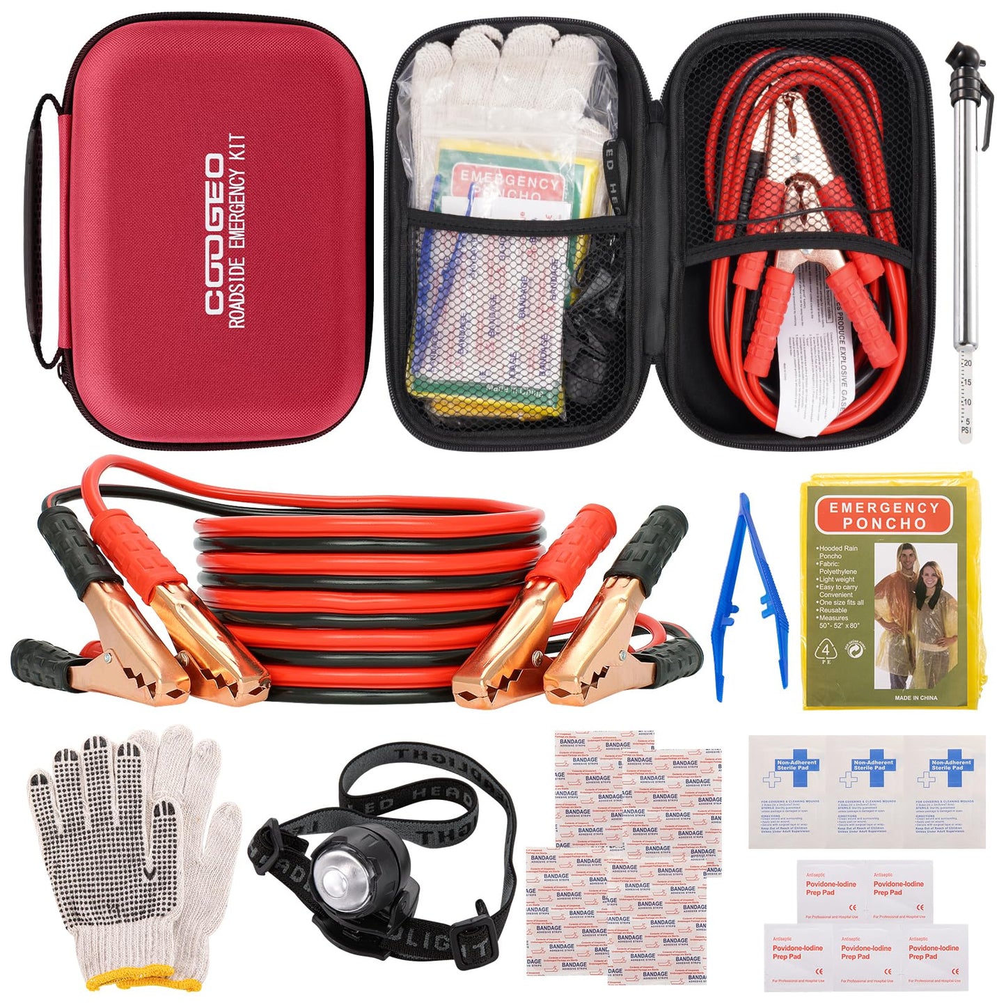Car Roadside Emergency Kit with Battery Jumper Cables,Car Accessories for Men or Women,Automotive Safety Kit for Car,Vehicle, Truck or SUV,Gifts for Men or Him,Red