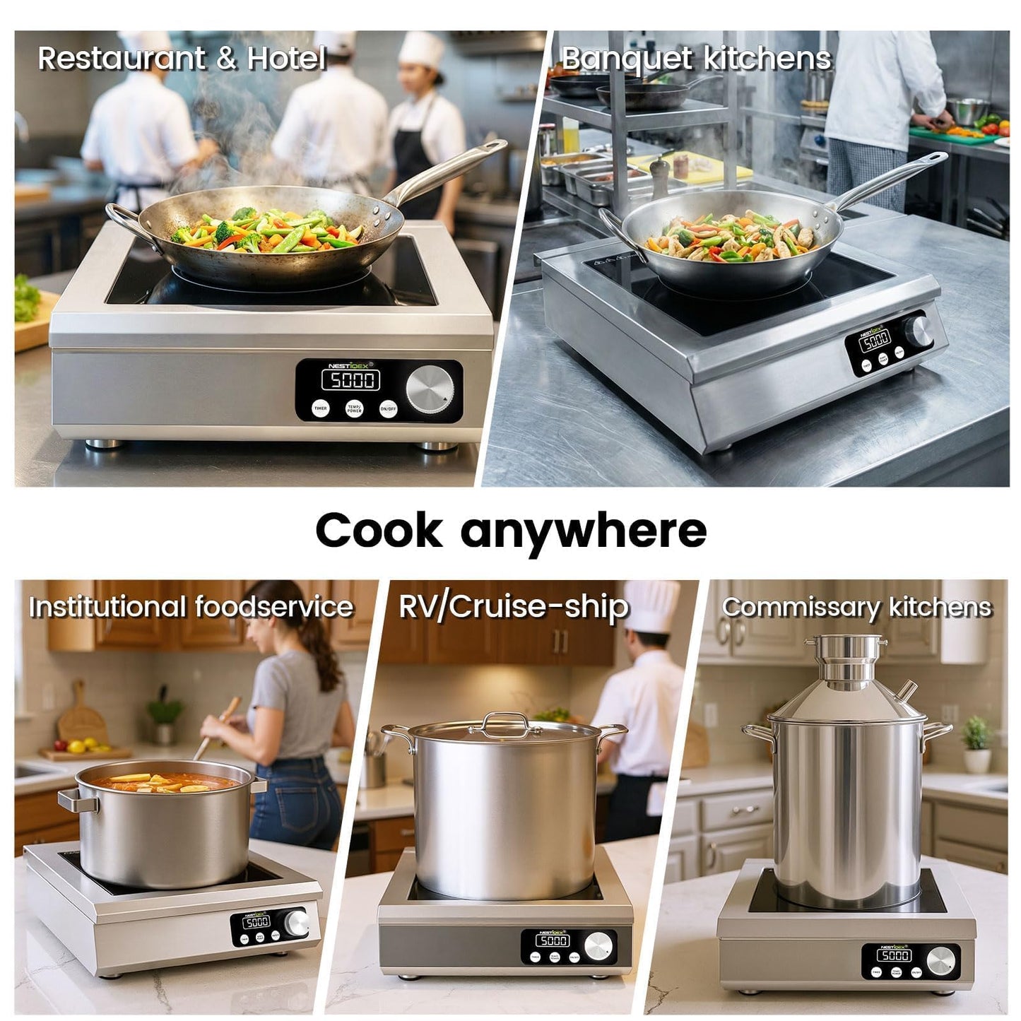 5000W Commercial Induction Cooktop, NESTIQEX 208V 3-Phase Large Induction Burner with 20 Power & Temp Levels, 9" Large Coil, 24h Timer, Pro Electric Countertop Burners for Restaurant