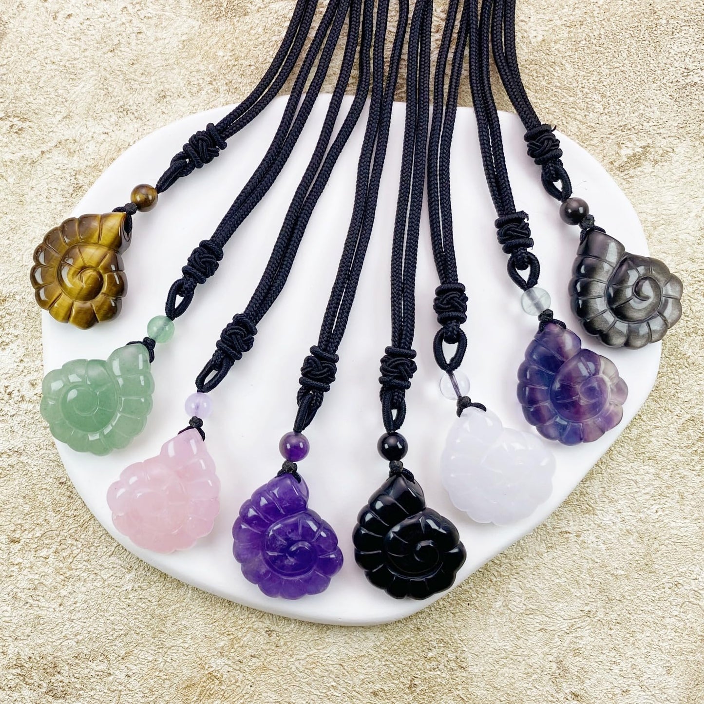 EDEN'S CALL Crystal Conch Shell Necklace for Women Healing Stone Ocean Pendant, Boho Beach Necklace with Polished Natural Gemstone Adjustable Cord Worry Stone Jewelry Gift, Fluorite