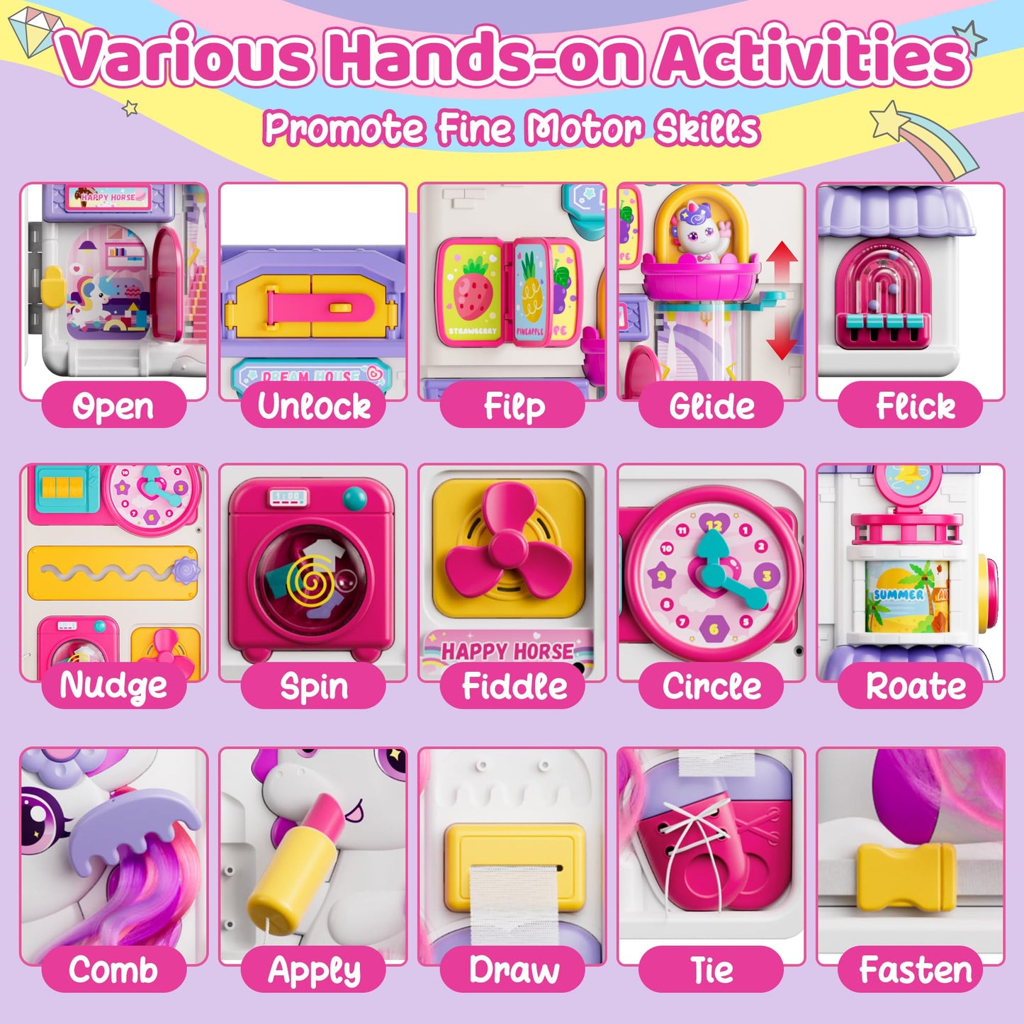 Nicella Busy Board for 1 Year Old Girl Gifts, Montessori Toys for 1 2 Year Old - 56+ Activities Bilingual Music Learning Sensory Toys for Toddlers 1-3 - Birthday Gift for 1+ Year Old Girl Boy