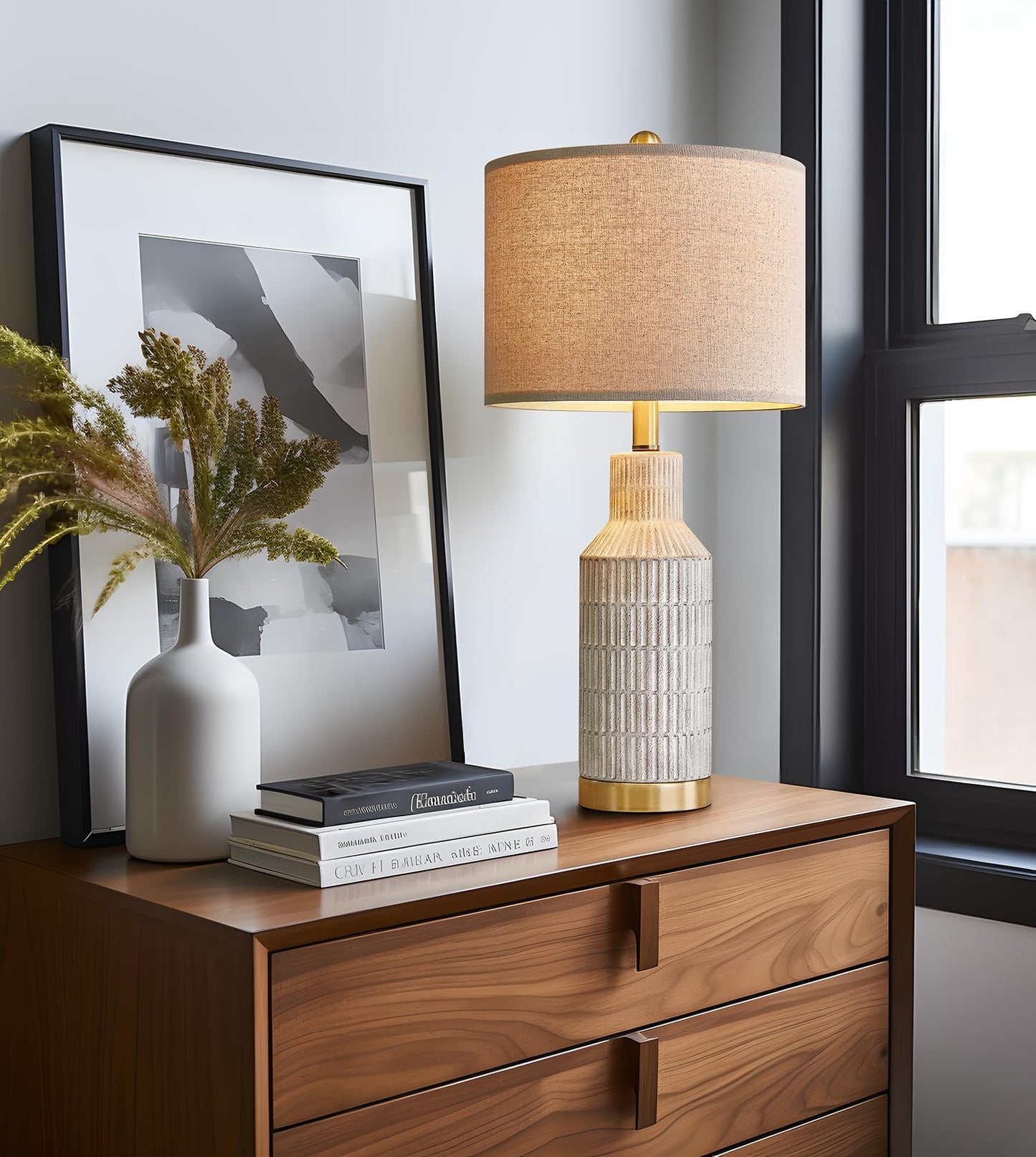 USumkky 25" Table Lamps Set of 2 - Modern Bedside Lamps for Living Room - White Washed Ceramic Nightstand Lamps for Bedroom