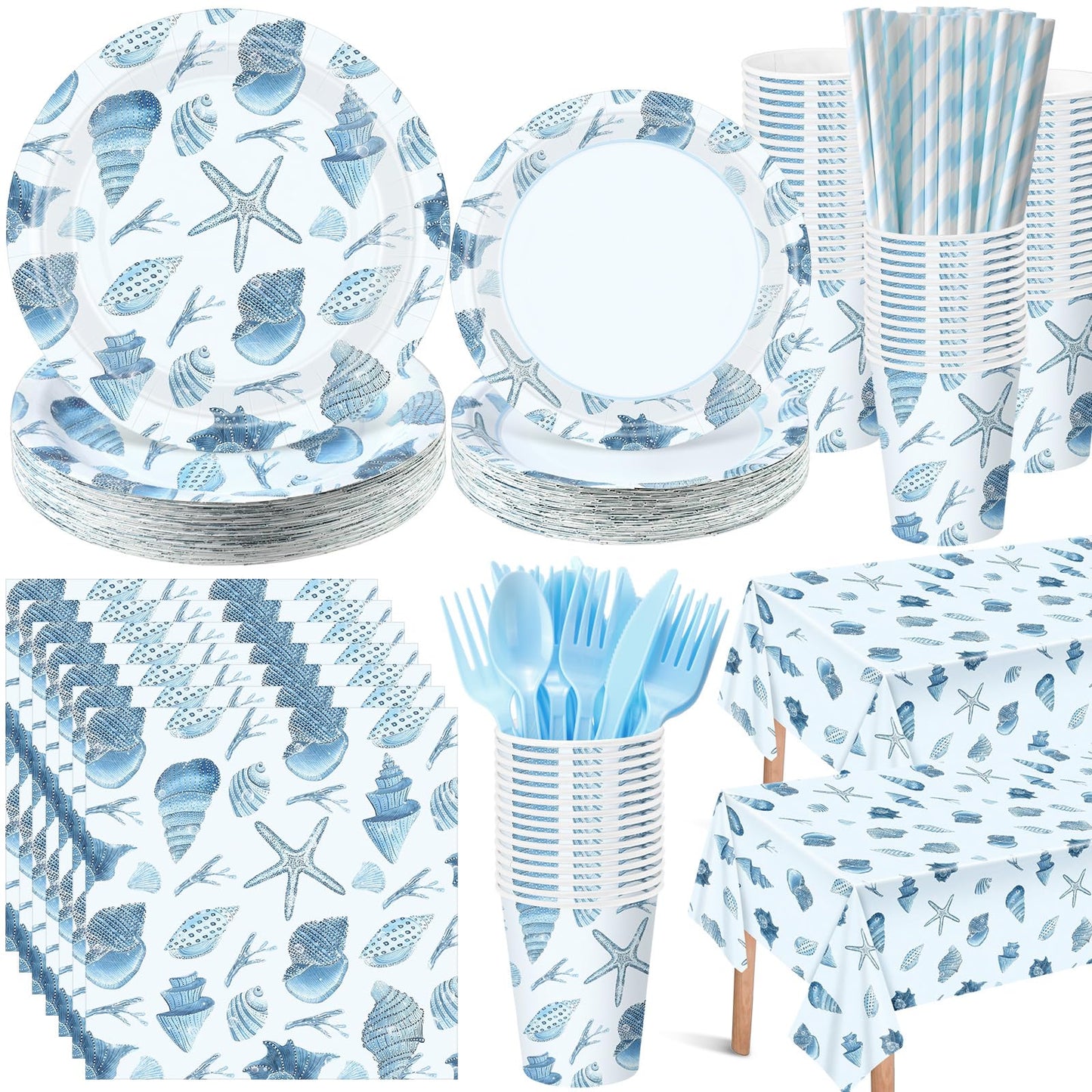 LemonRoad 452 Pcs Ocean Beach Seashell Party Decoration for 50, Coastal Seashell Paper Plates Napkins Cup Tablecloth Cutlery Straw Under The Sea Tableware for Summer Birthday Bachelorette Party Supply