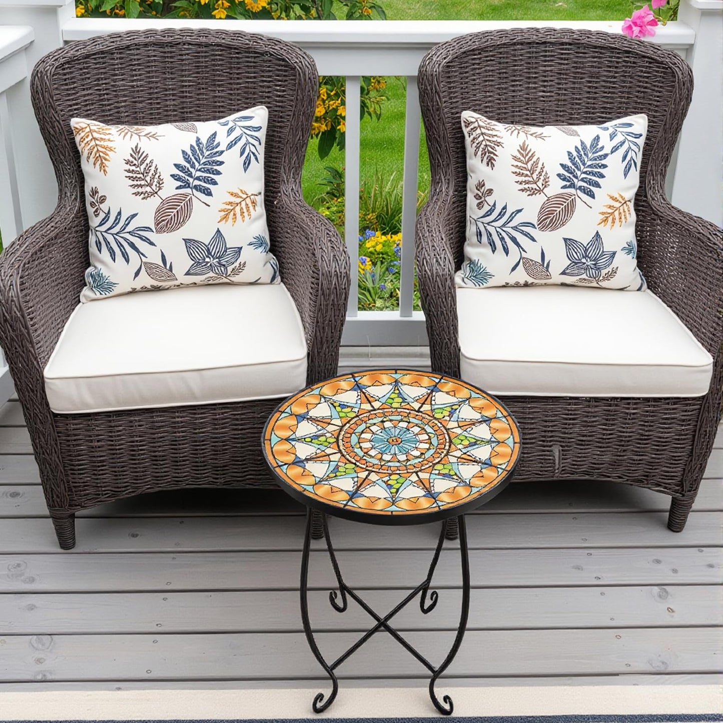 Kaesithar Set of 2 Mosaic Outdoor Side Tables Round, 15 Inch Height - Small Patio Table Set, Foldable Sun Pattern Metal Plant Stands for Garden, Balcony & Yard (Mosaic Sun, 2 Pack)