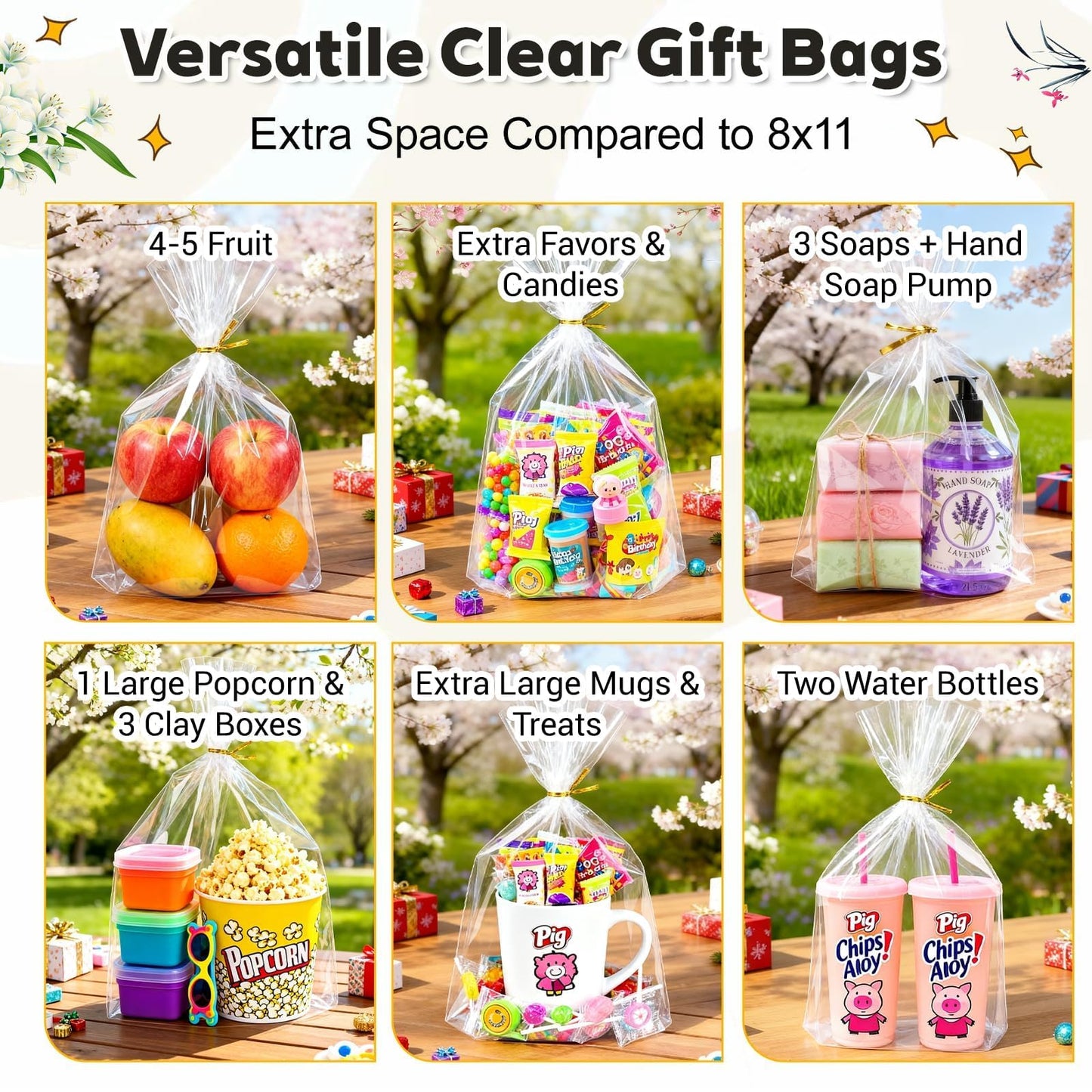 PigPotParty Cellophane Bags 10x14 Inch, 100 Pack Clear Plastic Gift Bags with Bottom Gusset for Stand-Up Display, Medium Cello Wrap for Large Goodies, Treats, Party Favors, Mugs, Includes 100 Ties