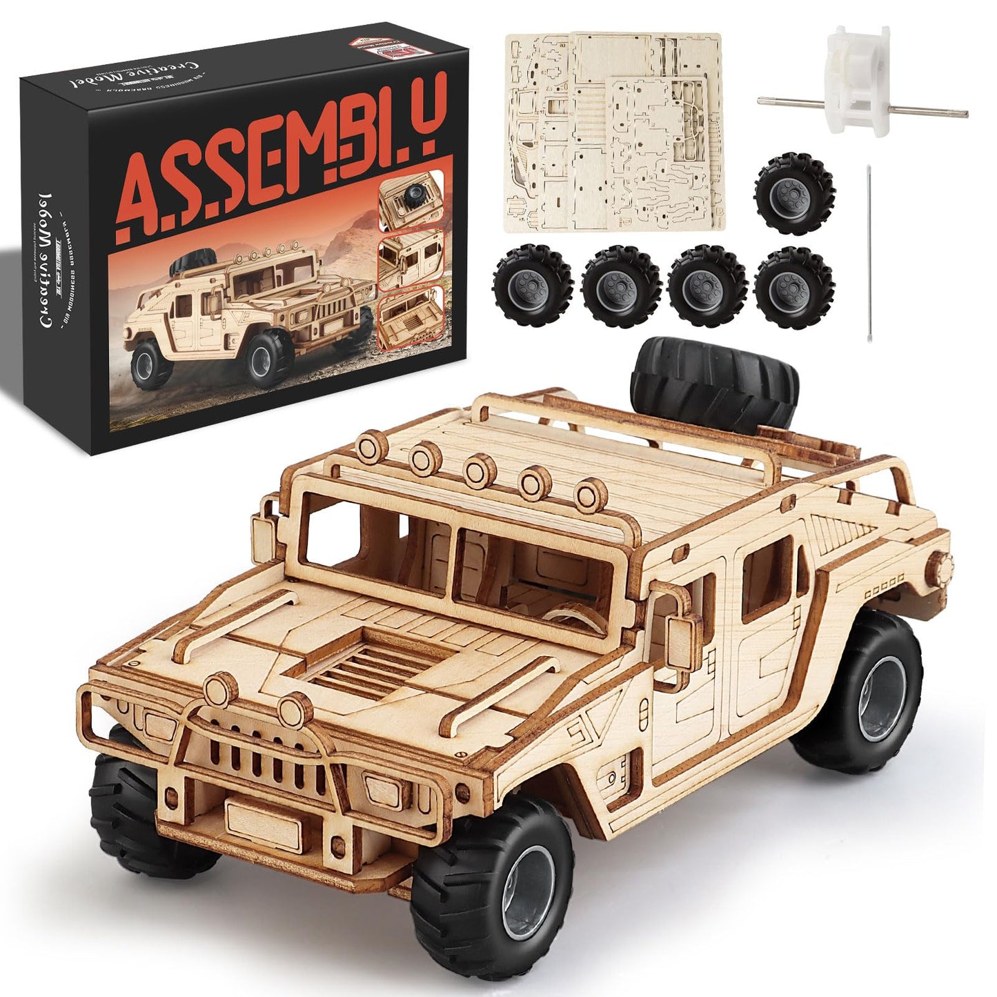 MOCBURIKU 3D Wooden Puzzles Model Car Kits to Build for Adults, DIY Off-Road Cars Building Kits, Brain Teaser Pull Back Toys, Gift for Men Boys on Birthday/Christmas Day (Off-Road Car)