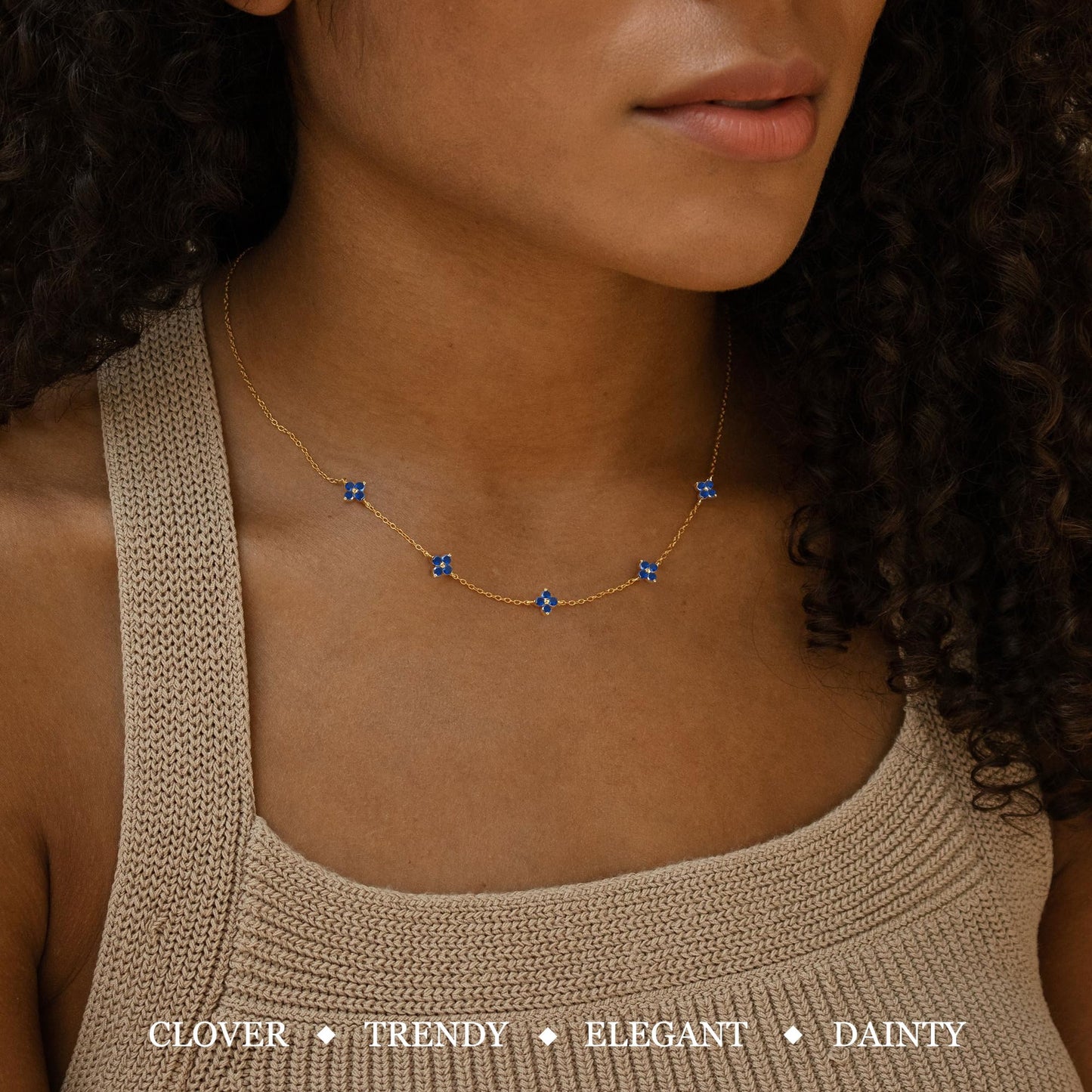 ZHESHY Birthstone Gold Necklace for Women Dainty Non Tarnish 14K Gold Plated Clover Necklaces Sapphire Blue CZ Station Choker Necklace Birthday Gifts Womens Gold Jewelry