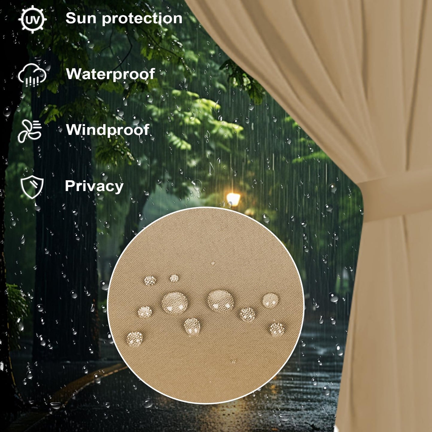 slashome 10'x12' Gazebo Curtains Outdoor Waterproof, Khaki Universal Replacement Curtain 4-Panels, Sidewalls with Zipper for Garden, Patio, Yard (Only Curtains)