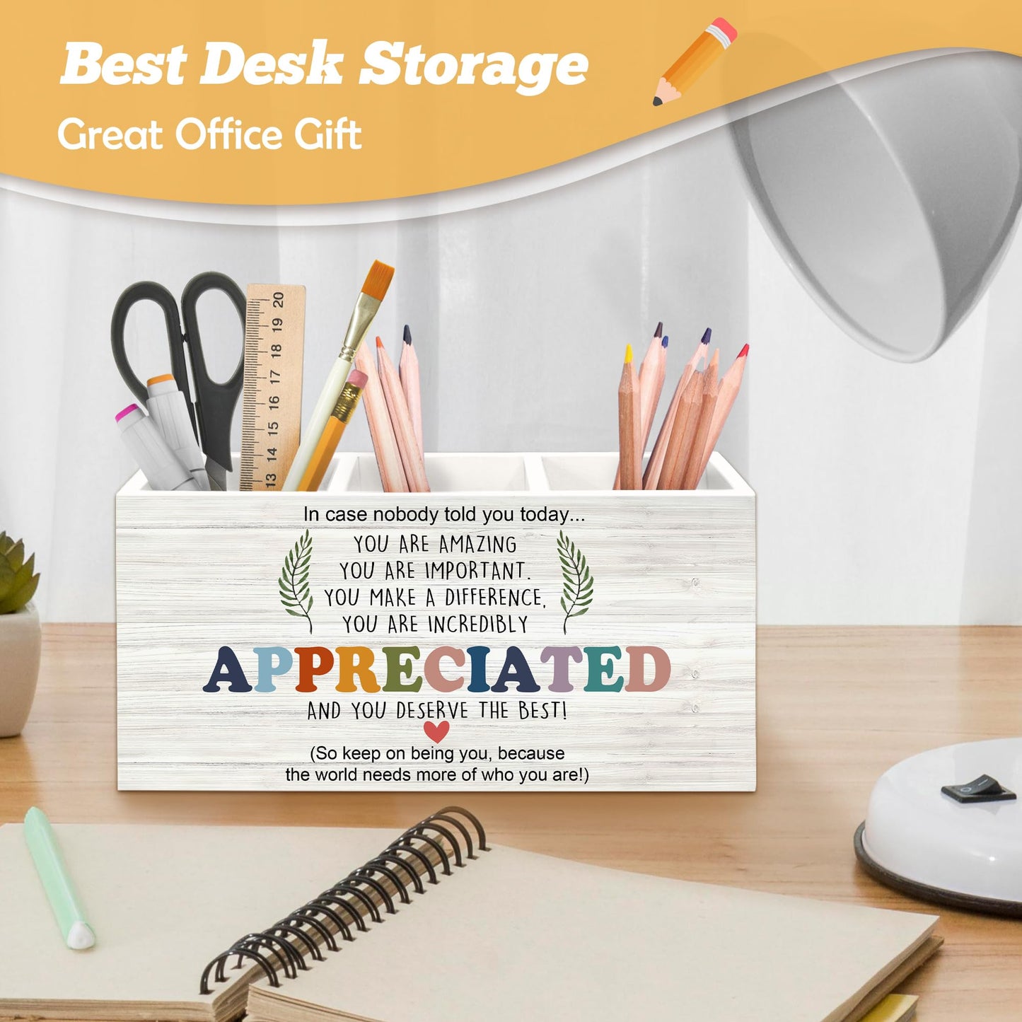 Yjeslw Inspirational Pen Holder Organizer for Desk Accessories, Teacher Appreciation Gifts, You Are Amazing Motivational Quote Wooden Box Sign Desk Decorations for School Office Tabletop Decor