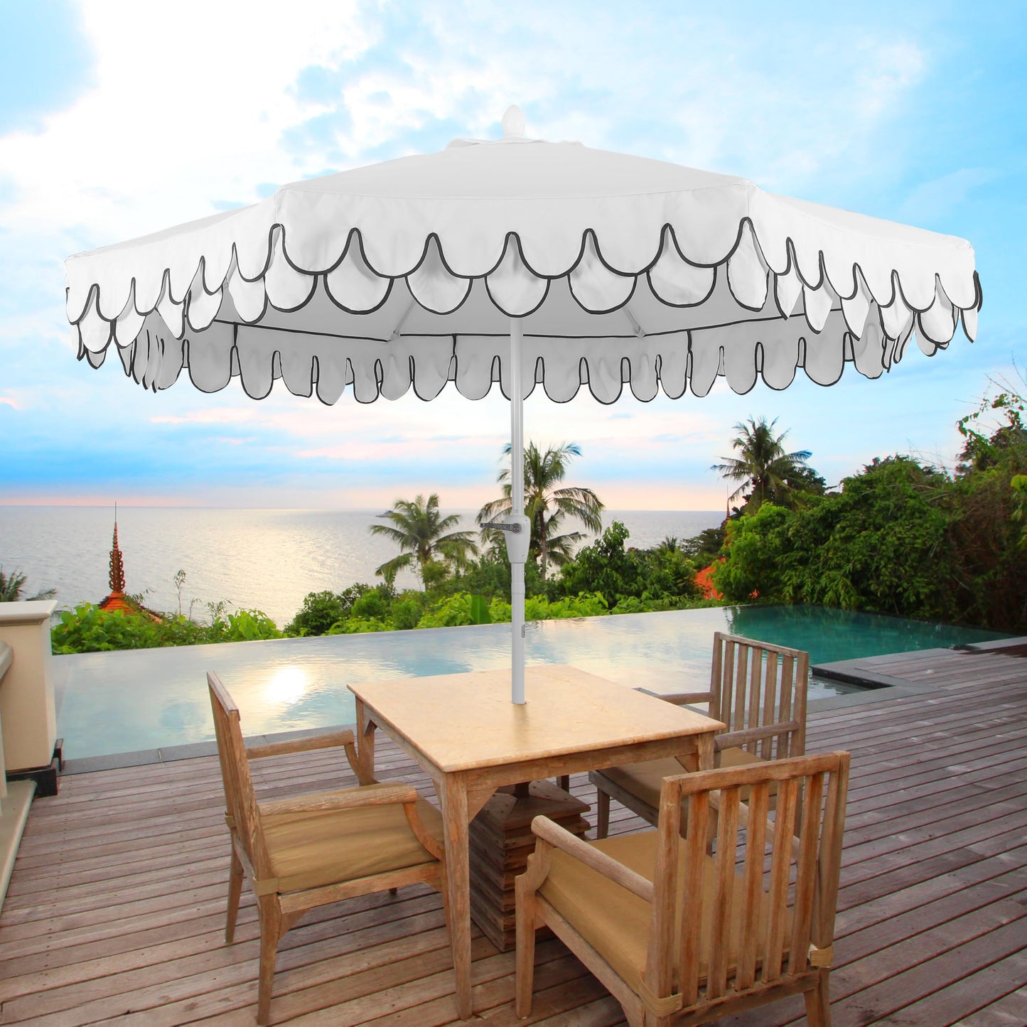 JONATHAN Y UMB1002D Tracy 9 ft. Classic MidCentury Scalloped Fringe Market Patio Umbrella with Auto-Tilt, Crank, Wind Vent and UV Protection in White/Black