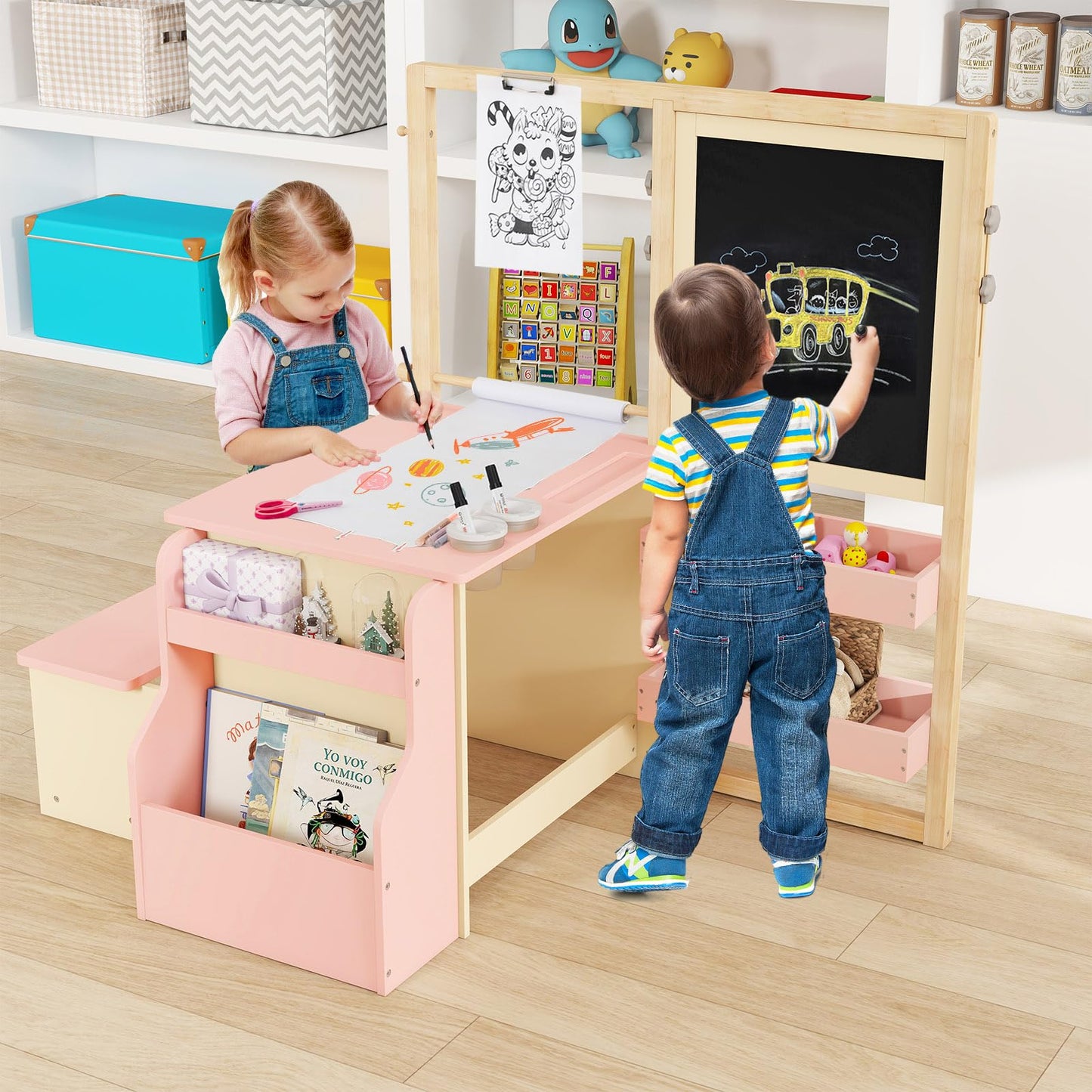 Costzon Easel for Kids, Wooden Art Center with Double-Sided Blackboard & Whiteboard, Paper Roll for Drawing, Crafts, Writing, Toddler Activity Table with Storage, Kids Table and Chair Set (Pink)