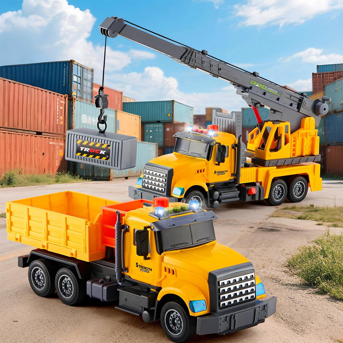 2Pcs Large-Size Construction Engineering Truck Toy Set,Lifting Arm Crane & Lifting Transport Truck Construction Toys,for 3 4 5 6 7 Year old Boys Kids Toddlers Birthday Christmas Gift