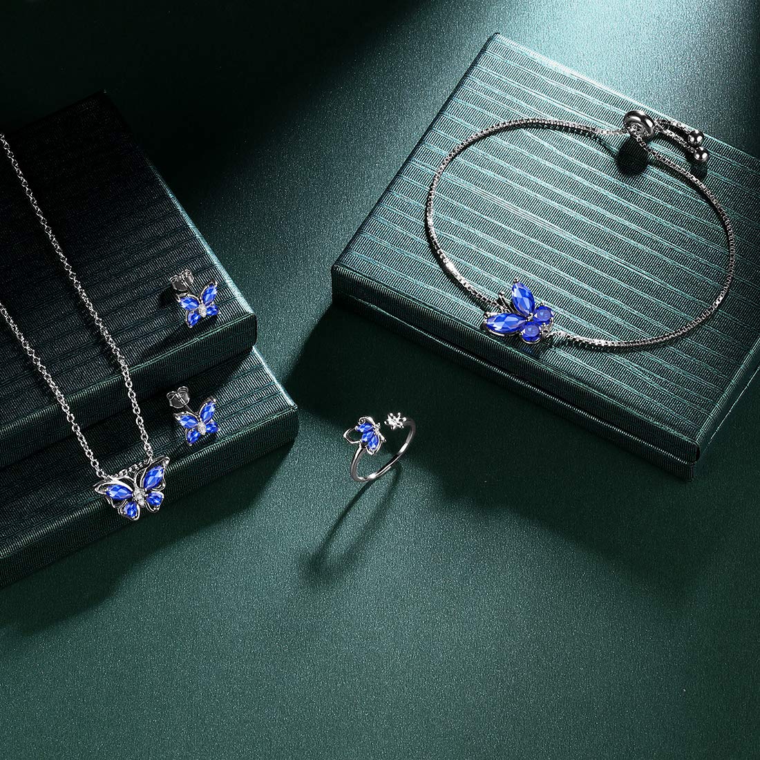 Hipunk Butterfly Blue Jewelry Sets Birthstone Women 925 Sterling Silver September-Sapphire Birth Stone Animal Butterflies Jewelry Sets/Earring/Ring/Bracelet Set Crystal Birthday Jewelry SS0003S