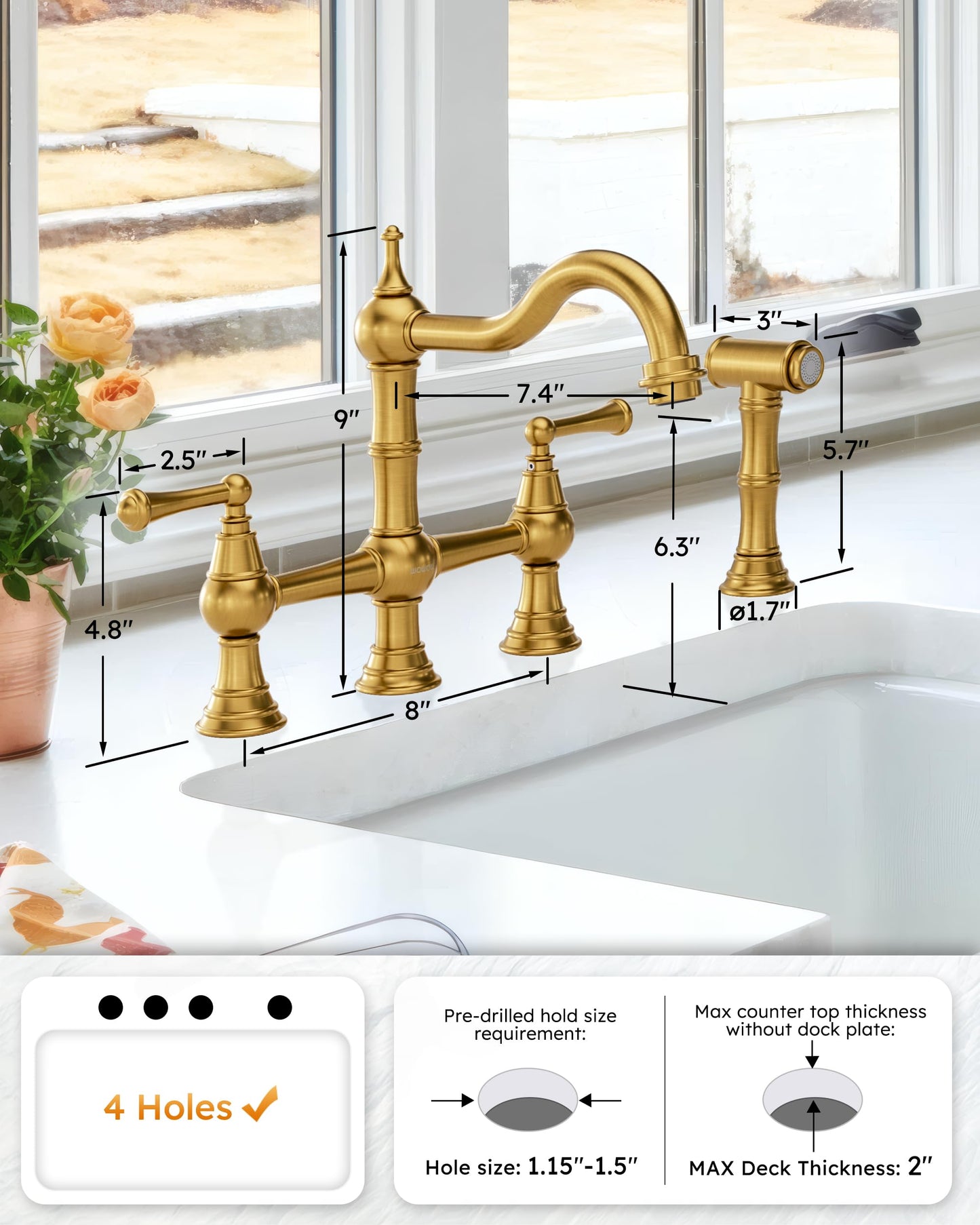 WOWOW Brass Kitchen Faucet Bridge with Side Sprayer, 4 Hole Kitchen Faucet 2 Handle 8 Inch Centerset Gold Faucet for Kitchen Sinks, Heritage Brushed Gold Kitchen Sink Faucet