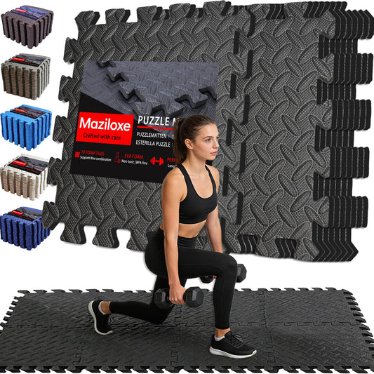 Maziloxe Gym Flooring for Home Gym, 18 PCS Anti-Slip Interlocking Foam Floor Tiles, 12.6"x12.6"x0.4" EVA Exercise Mats, Puzzle Floor Mat For Workout, Yoga, Kids Play Area, Treadmill, Garage