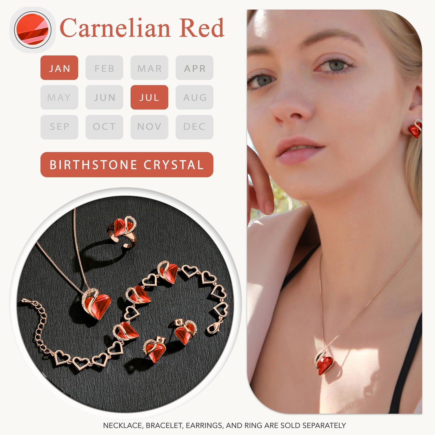 Leafael Gifts for Women Rose Gold Plated Necklaces: Heart Carnelian Red Crystal, Birthstone for January and July, Hypoallergenic Chain (18"+2"), Birthday Jewelry for Mom and Wife