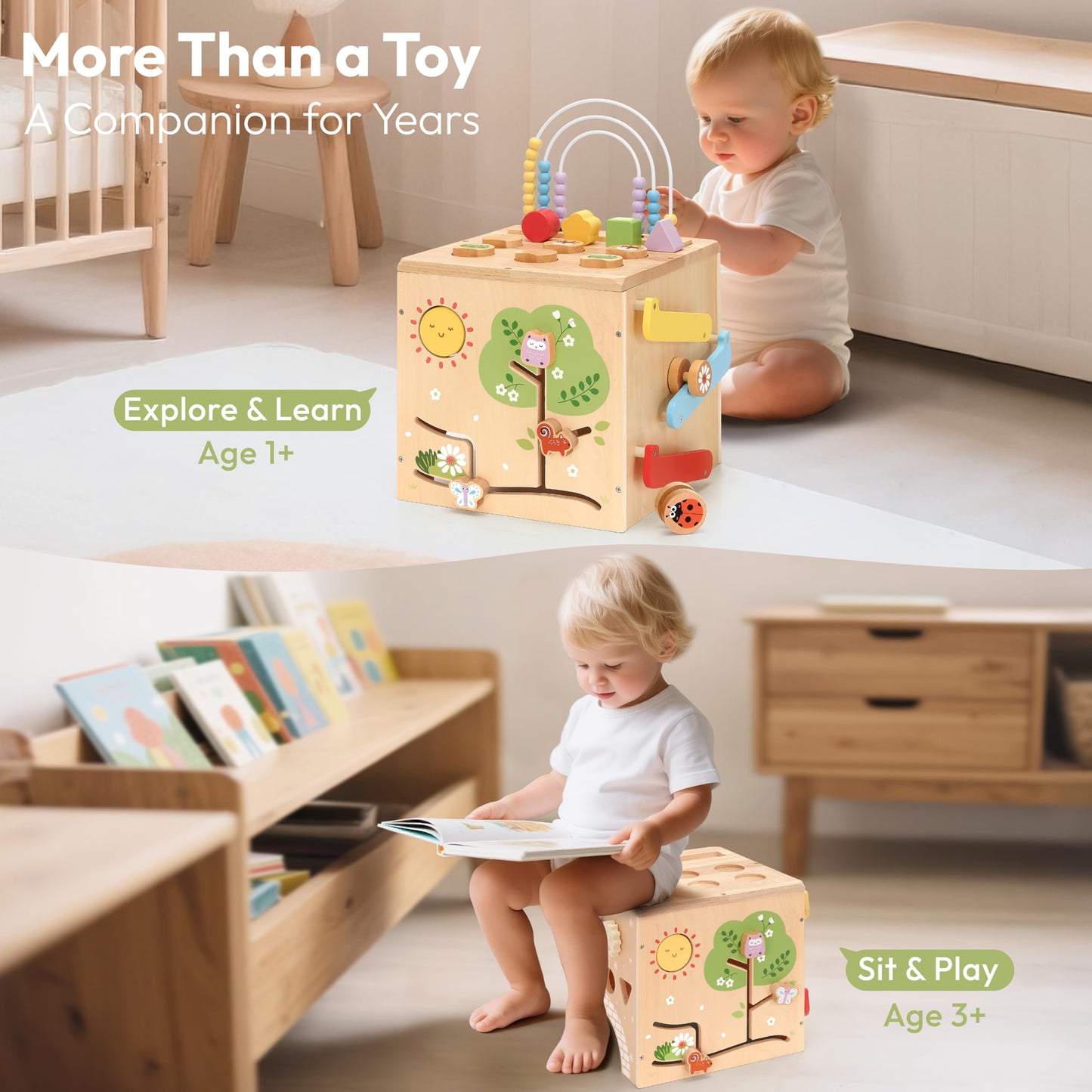 KizKnows Wooden Activity Cube 9-in-1 Montessori Busy Board Toy | Educational Sorting Play Center for 1+ Year Old Toddlers | First Birthday for Boys Girls