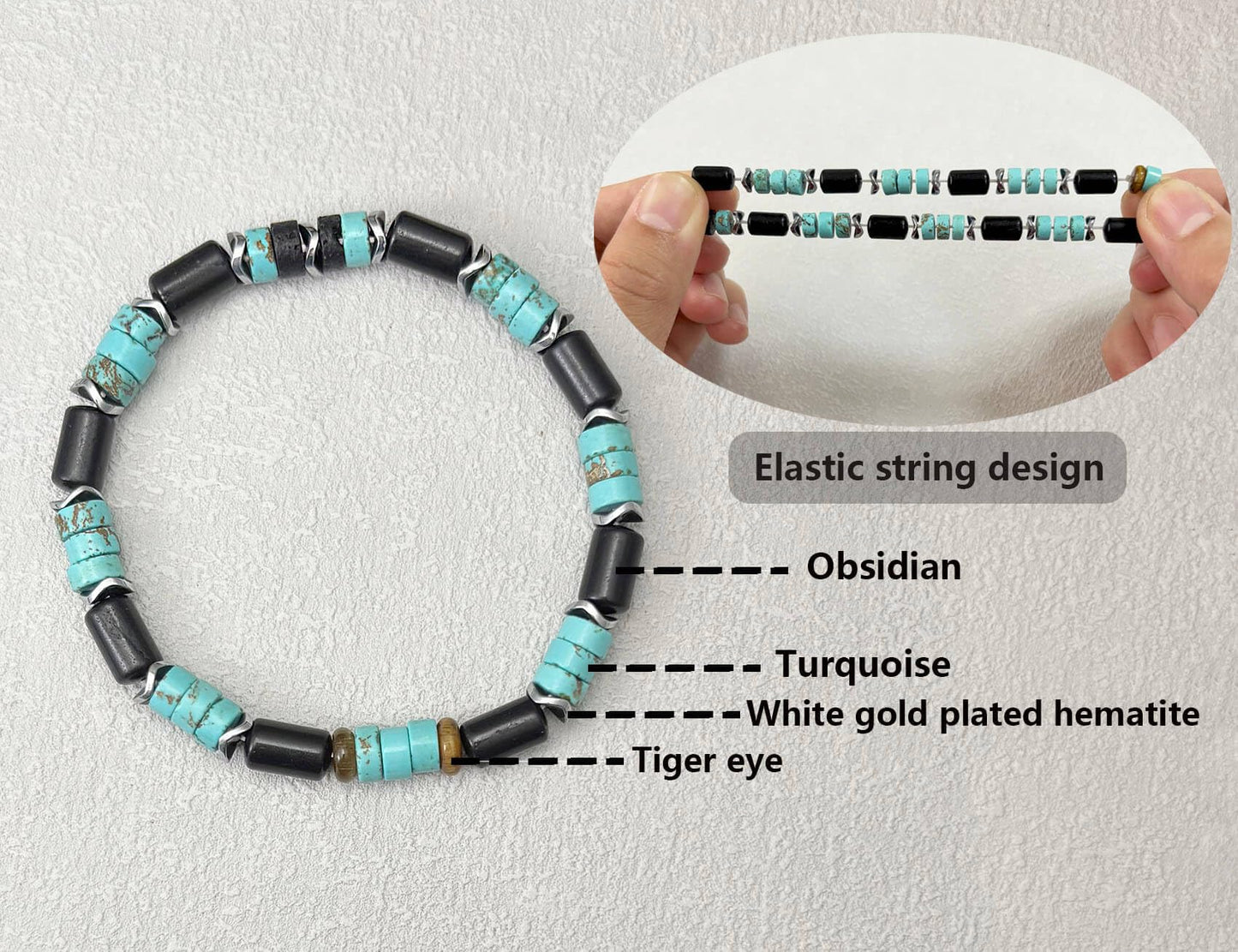 Sunongxin Turquoise Bracelet, Handmade Bead Bracelet with Tiger Eye Obsidian Hematite for Stone Jewelry, Healing bracelets for Men Women