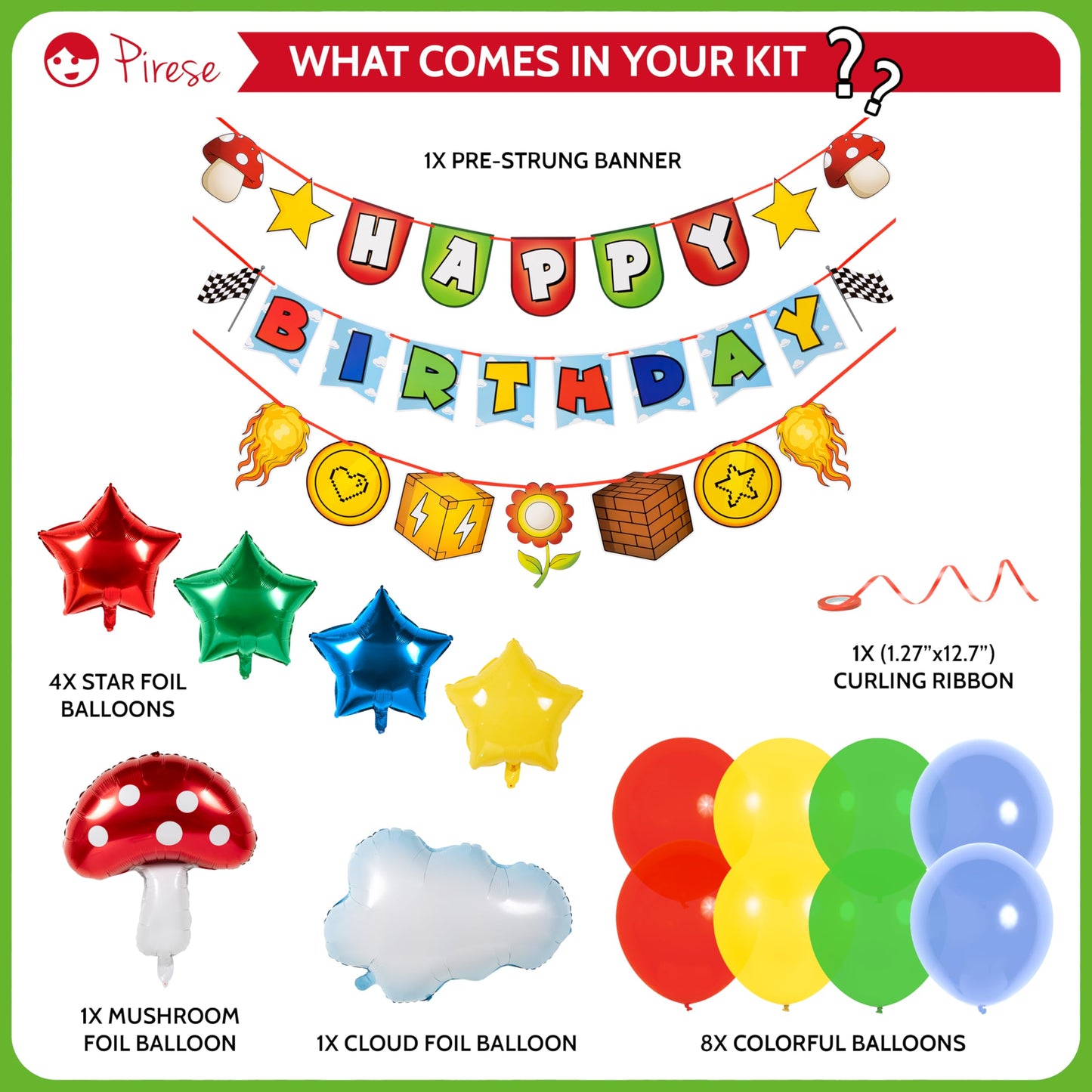 Pirese Retro Game Birthday Decorations, Video Game Birthday Banner Party Kit with Balloons, Pre-Strung Gamer Birthday Party Supplies for Kids, Fun Land Arcade Theme Decor