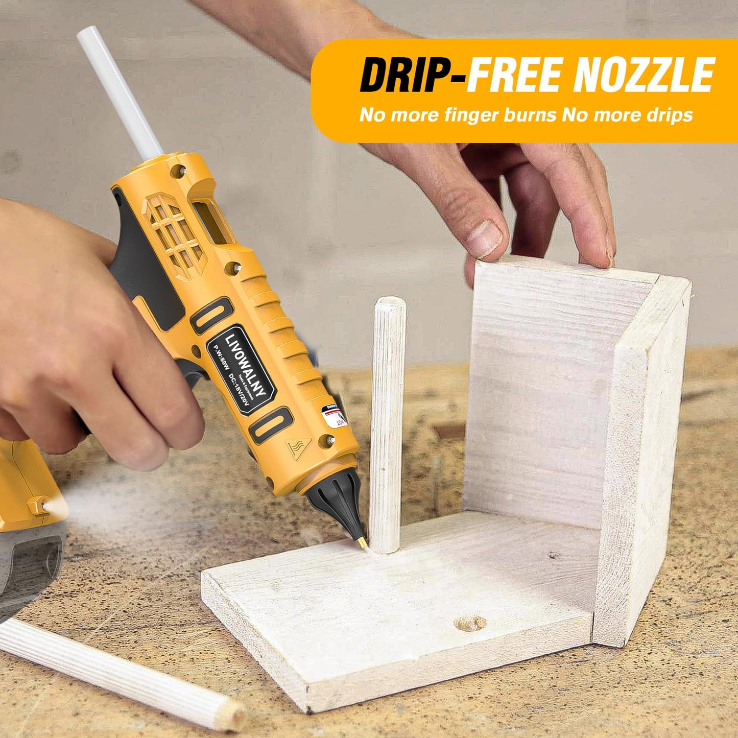 LIVOWALNY Cordless Hot Glue Gun Compatible with Dewalt 20V Battery (Tool Only) 100W Hot Glue Gun And 30 Sticks Set in Crafting Wood PVC Glass Home Repair with 30 Pcs 0.27 * 5.9 inch Hot Glue Sticks