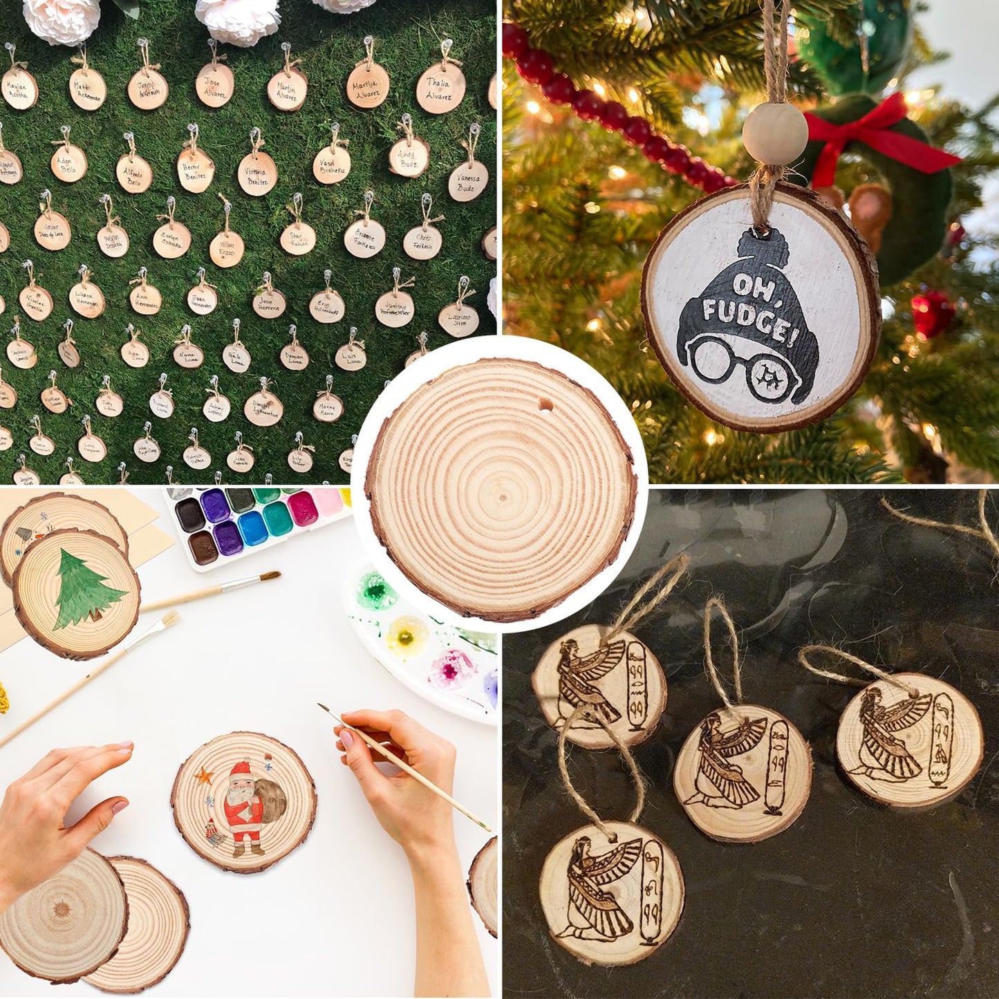 80 PCS 3.6-4 Inch Unfinished Wood Slices, Natural Wood Slices, Predrilled with Hole Wood Slice for DIY Arts Craft Christmas Ornaments by GNIEMCKIN