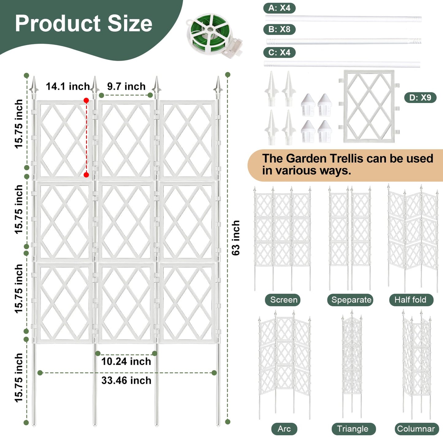 5.25FT Garden Trellis Support Fence,Metal Wall Lattice Climbing Frame for Climbing Plants Outdoor, White Iron Pipe Fence for Potted Plants Indoor for Ivy Vines Vegetable Flower, Patio, Lawn, Yard