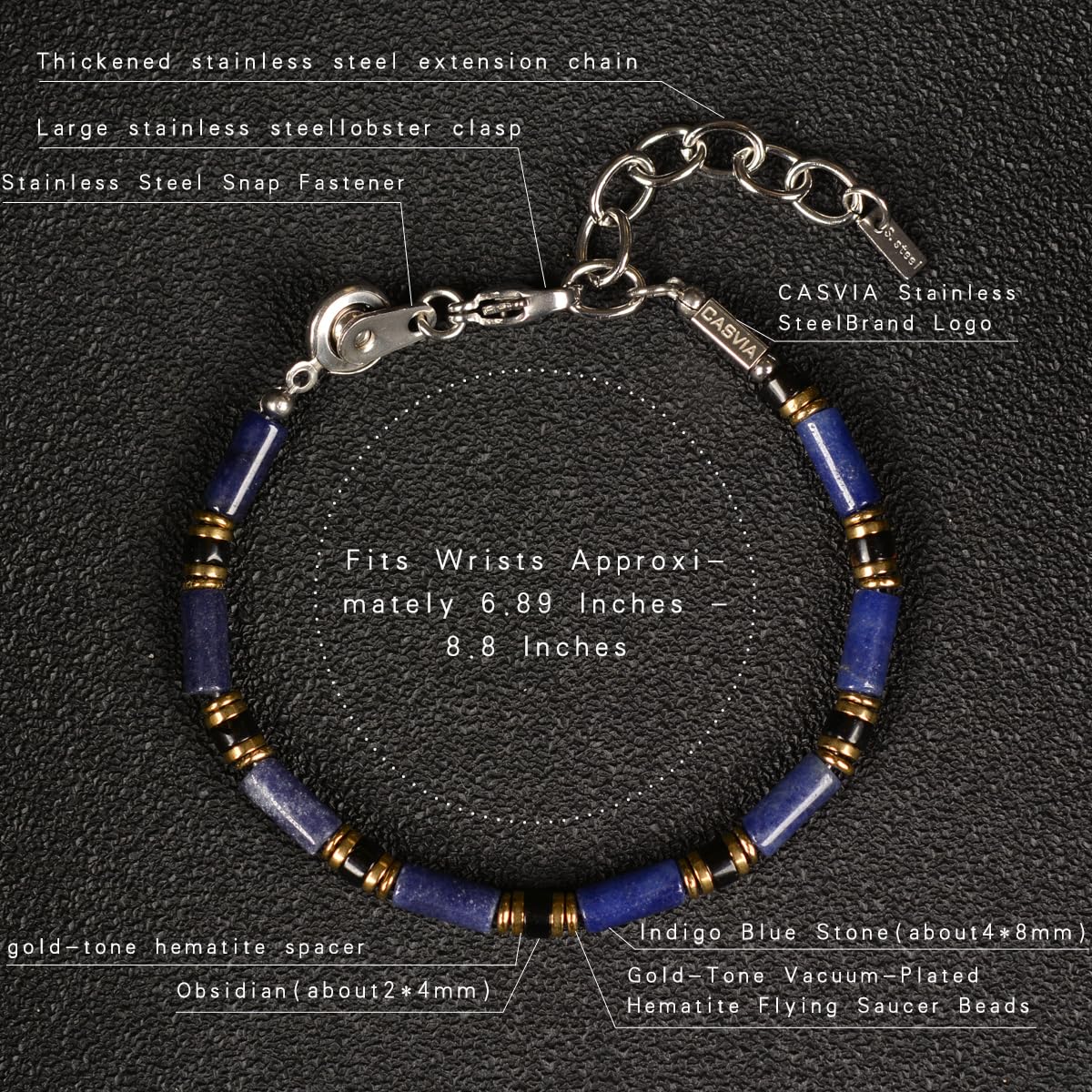 Casvia Men's Indigo Blue Stone Beaded Bracelet, Obsidian & Hematite, Stainless Steel Dual-Clasp, Adjustable, Durable Daily Wear, Azure Veil, Ideal Gift for Men Dad Boyfriend Son